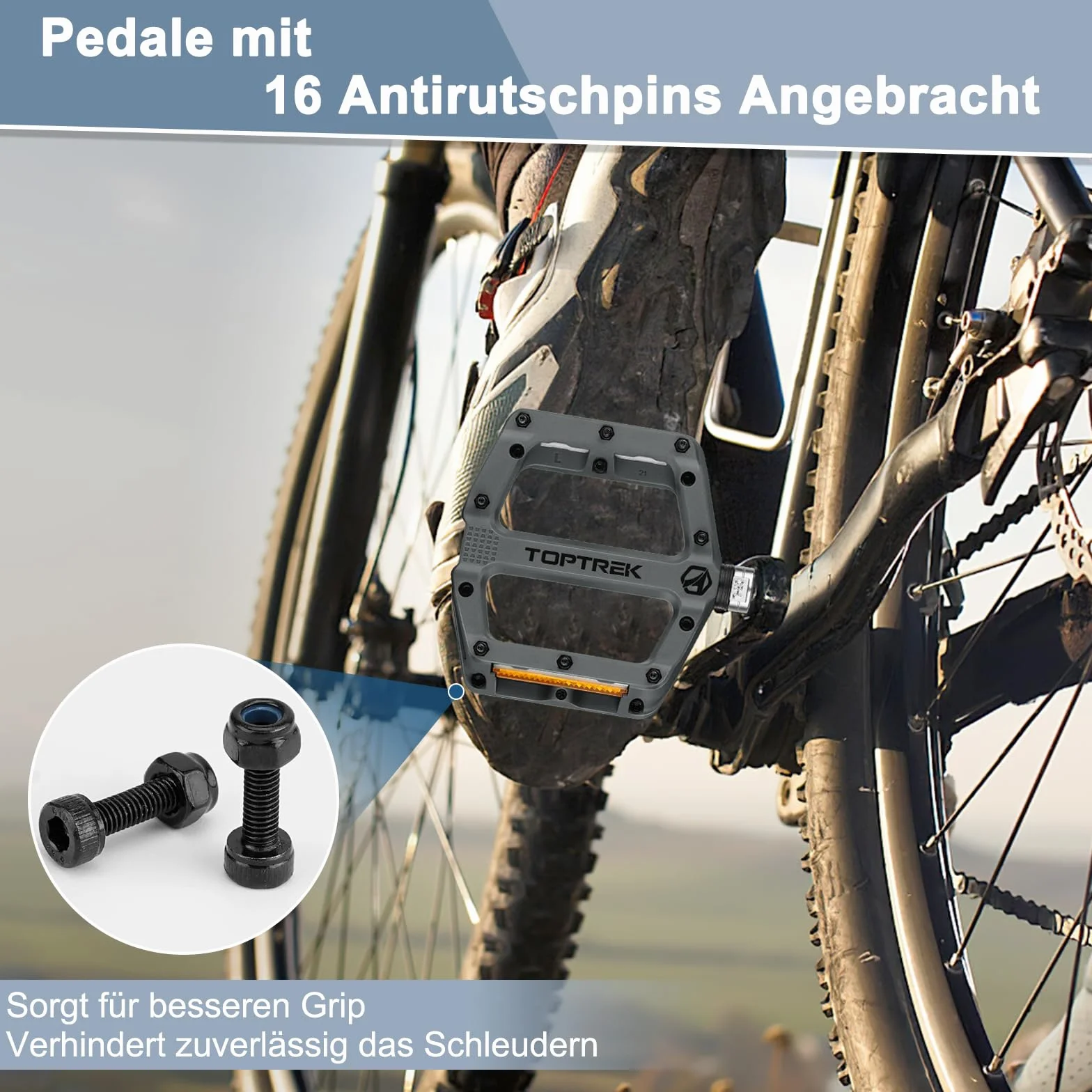 toptrek Pedały rowerowe z reflektorami StVZO, nylonowe, kompozytowe, płaskie, 3 antypoślizgowe pedały do roweru MTB, 9/16", zestaw do rowerów wyścigowych/górskich/trekkingowych/rowerów elektrycznych