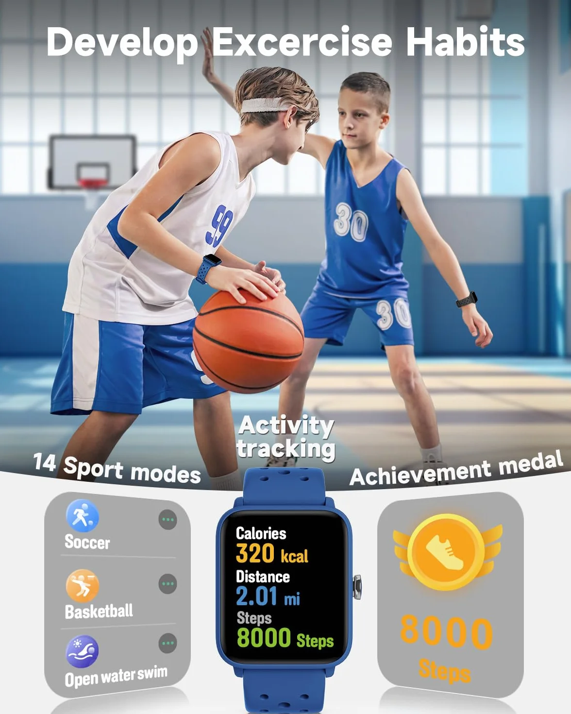 BIGGERFIVE Inteligentny zegarek dla dzieci bez aplikacji, zegarek fitness tracker, krokomierz, tętno, wodoodporność 5 ATM, monitor snu, licznik kroków kalorii, gry, budzik dla chłopców i dziewcząt w