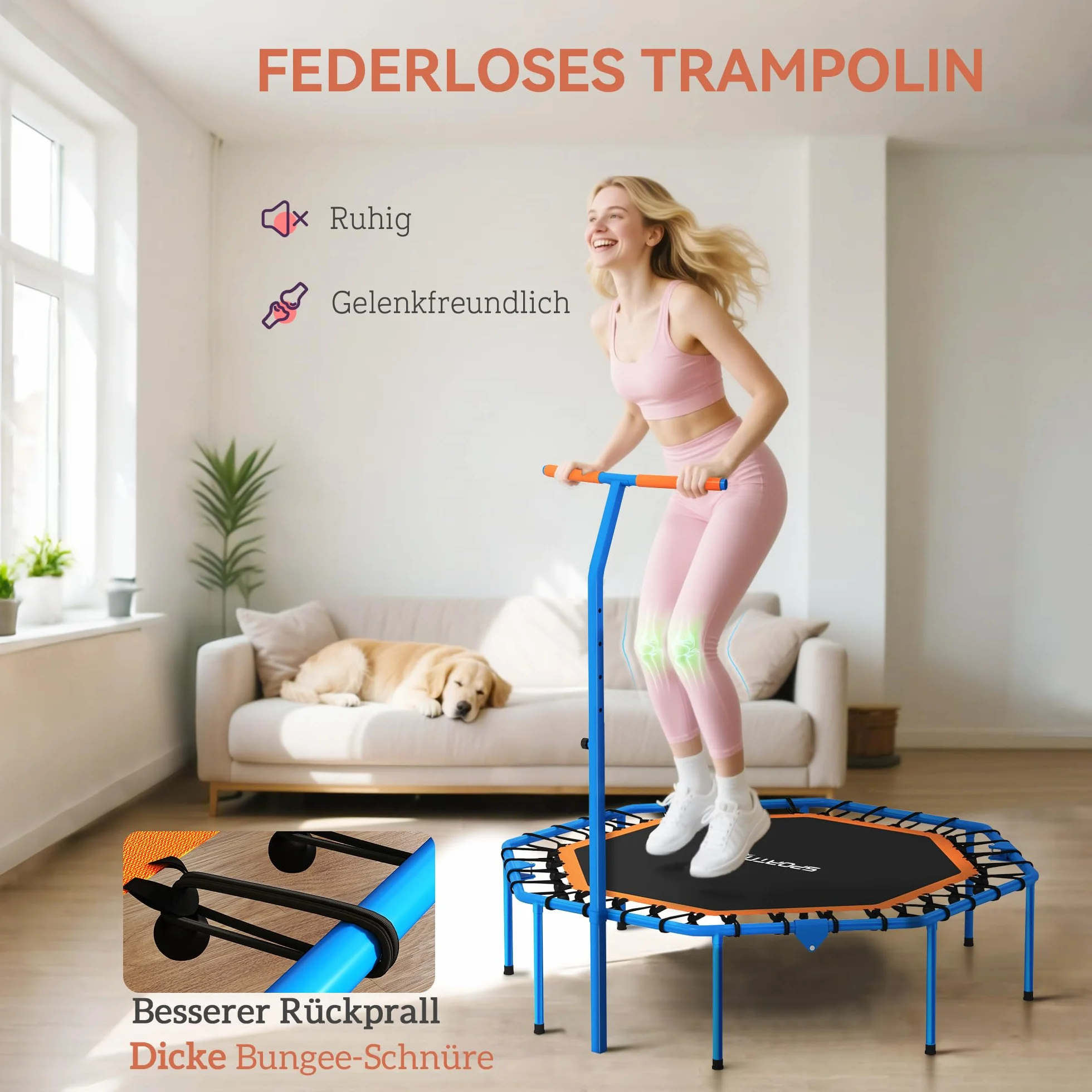 SPORTNOW Trampolina fitness, składana, Ø 128 cm, mini trampolina z 5-stopniową regulacją wysokości, cichą gumową linką, trampolina dla dorosłych, do użytku wewnątrz i na zewnątrz