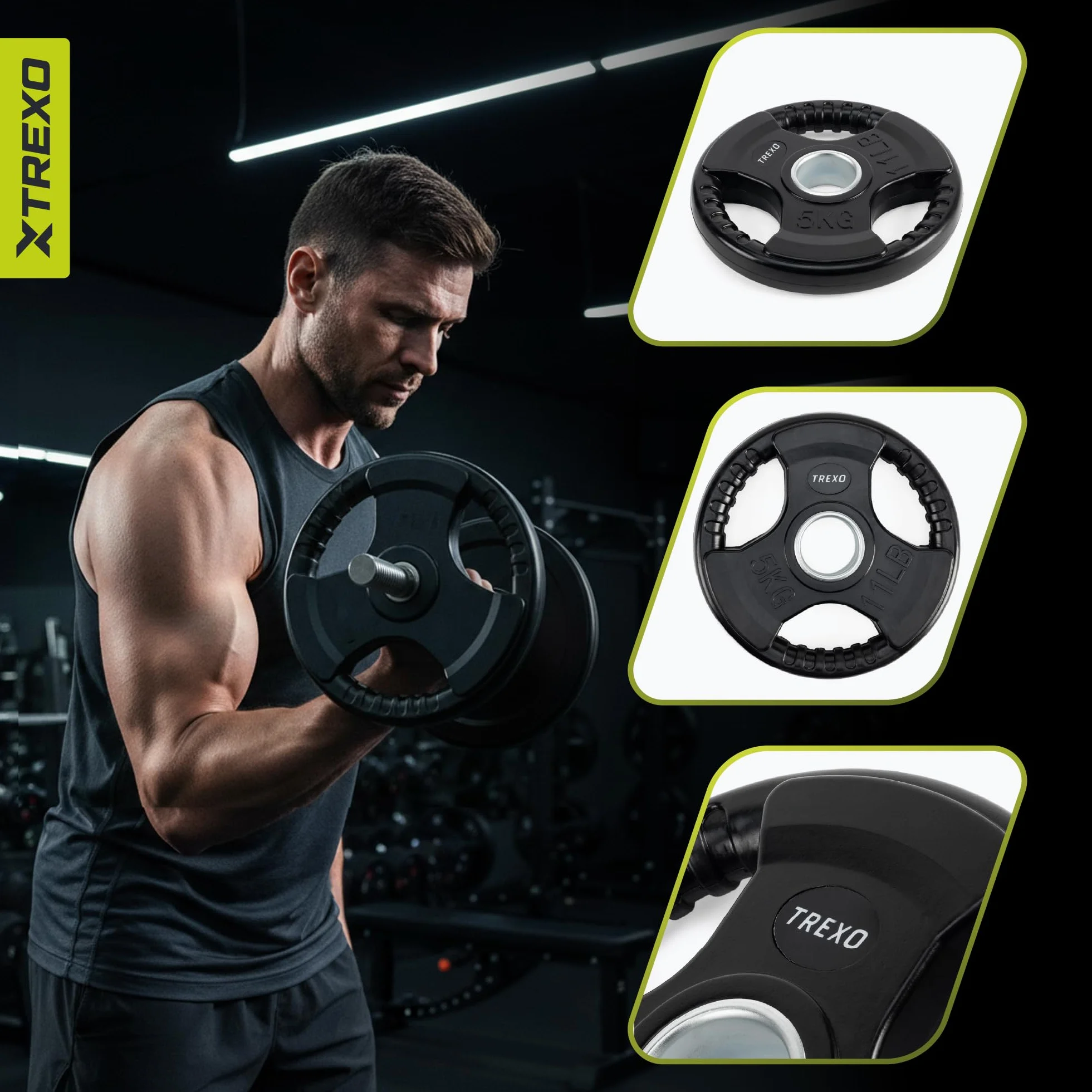 XTREXO Tarcza do sztangi z uchwytami – żeliwna tarcza obciążająca z gumową powłoką i uchwytem 50 mm, ergonomiczna, cicha i trwała, do sztangi długiej, fitnessu, treningu siłowego i crossfitu