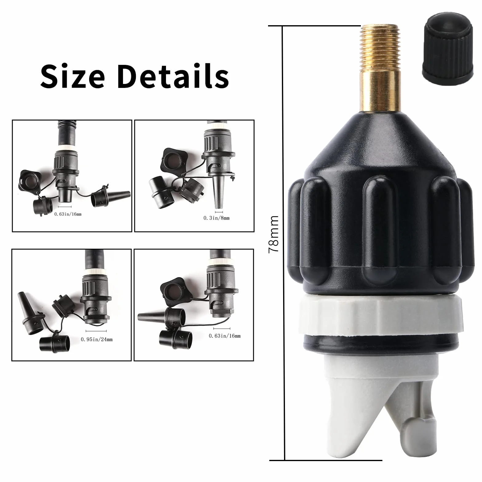 Adapter do sprężarki, pontonu, adapter do wentylu z 4 dyszami gazowymi, akcesoria do surfowania, adapter pompy do deski stojącej, nadmuchiwane łóżko (czarny)