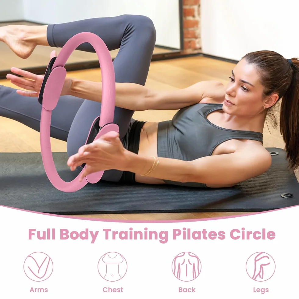 Zestaw pierścieni do pilatesu 38 cm magiczne koło z podwójnymi uchwytami, 4 szt. z opaską oporową, piłką do jogi