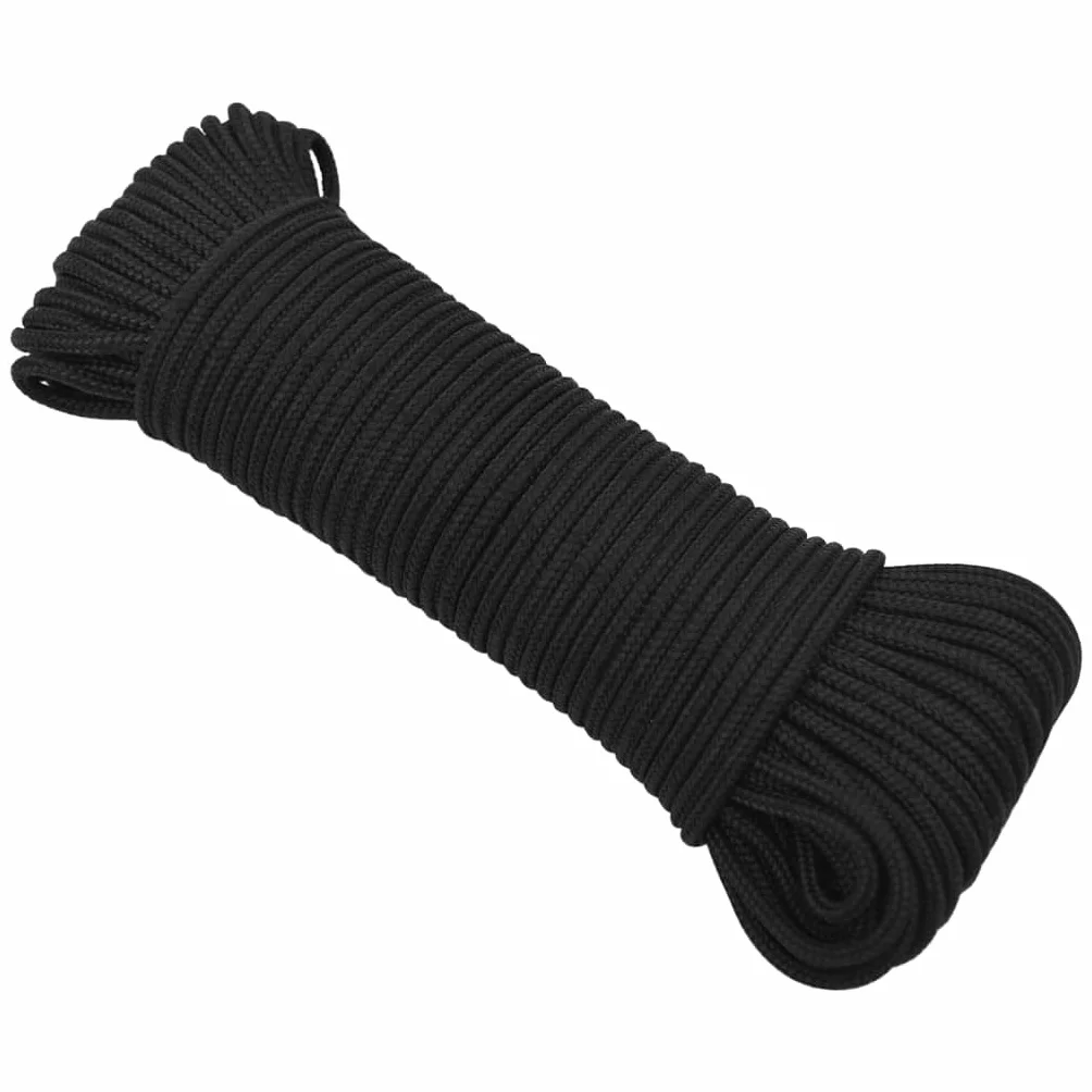 vidaXL Linka żeglarska, czarna jednolita, 3 mm, 50 m, polipropylen, linka do łodzi, linka pleciona, linka na jacht, linki do łodzi, linki plecione