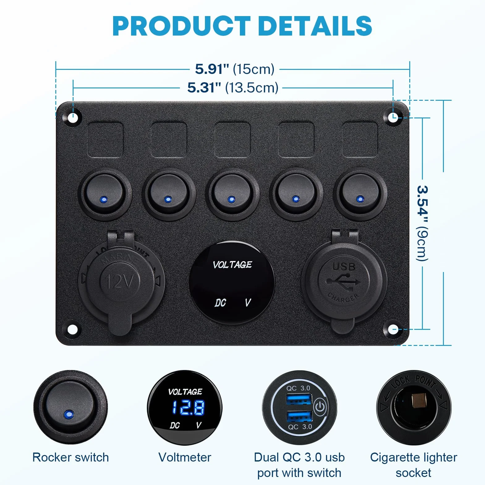 Kohree panel sterujący 12V/24V 4,2A IP65 podwójna ładowarka USB woltomierz 5 przełączników dźwigniowych