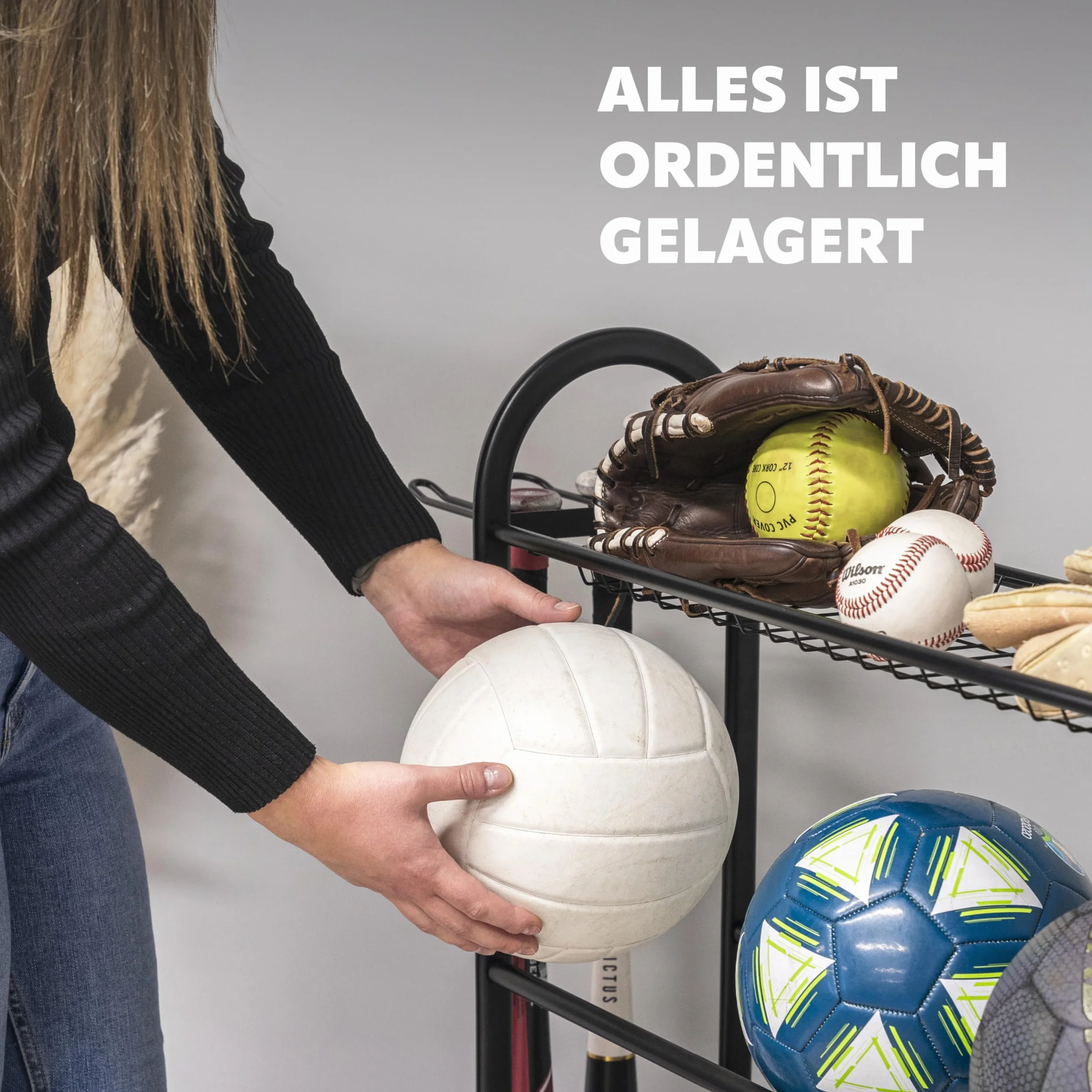 eluno Stojak do przechowywania piłki sportowej ze stabilnymi półkami, uchwytem na kije baseballowe i haczykami, do przechowywania piłek na nogi, piłek do siatkówki, piłek do koszykówki, piłek ręcznych