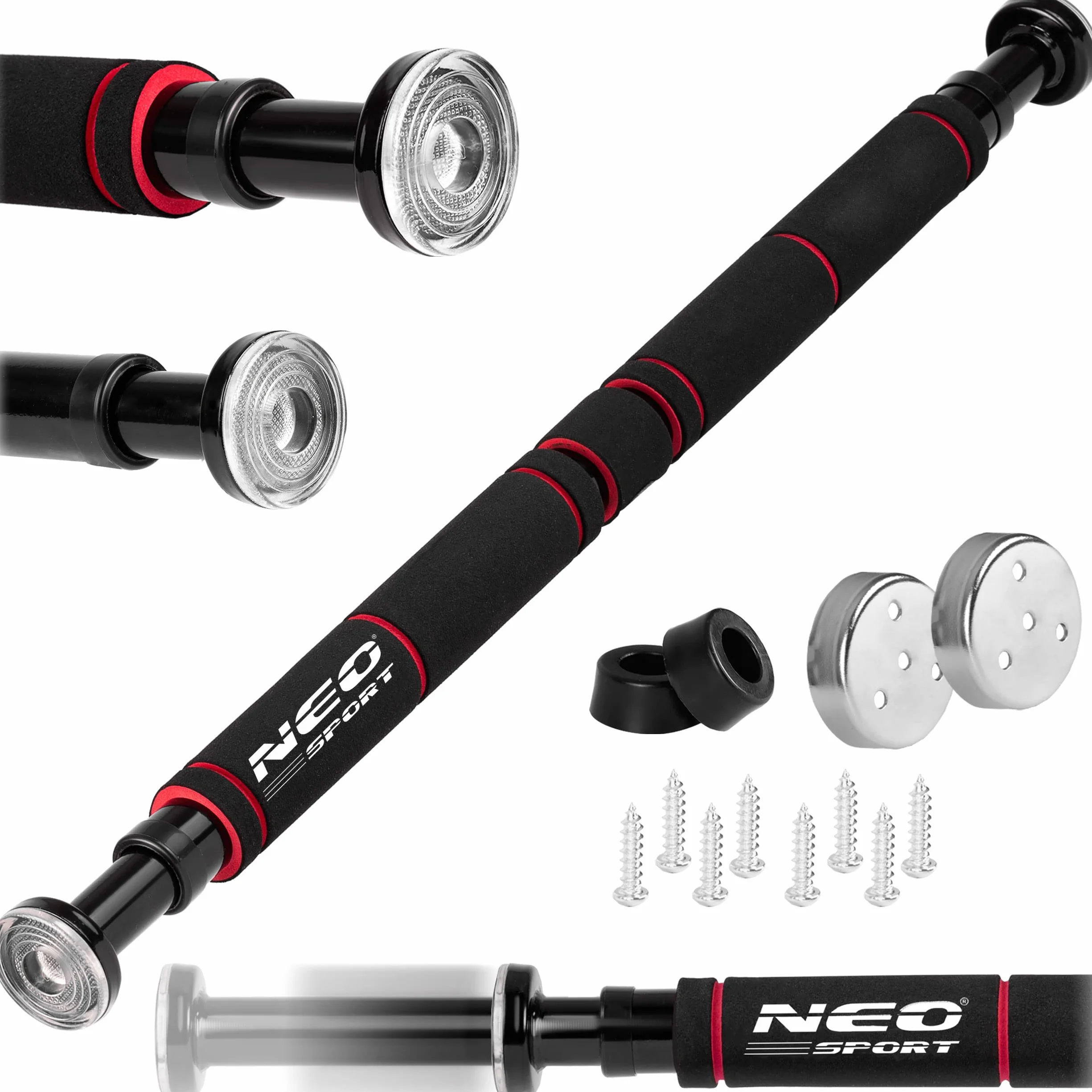 NEO SPORT Drążek Rozporowy Prosty NS-311 do Podciągania Ćwiczeń Treningu Siłowego z Wzmacnianej Stali Uchwyty z Pianki do Futryn 60-85 cm Obciążenie 150 kg