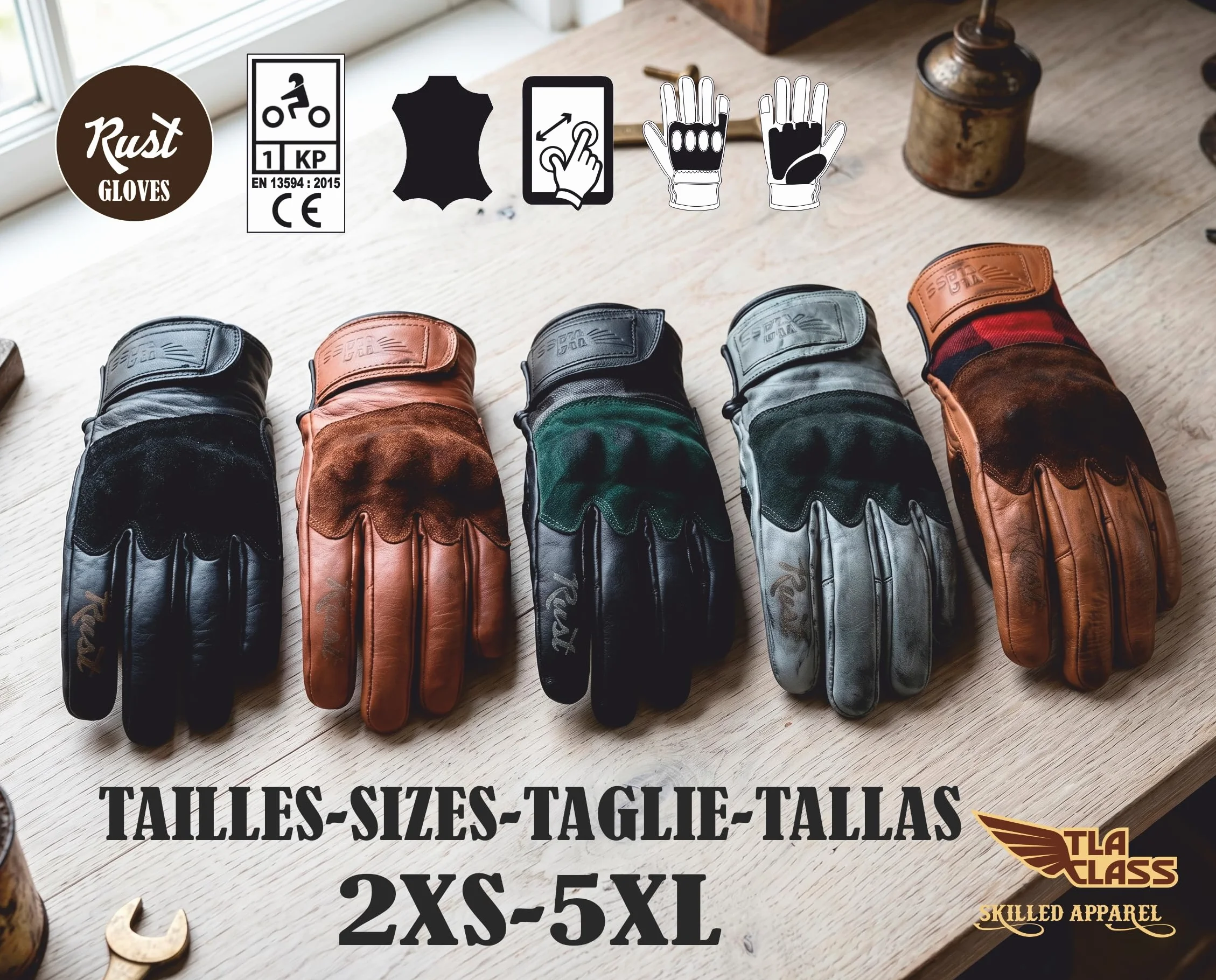 TLA RUST Skórzane rękawiczki motocyklowe vintage CE 2XS-4XL dotykowe ochrona uderzeń