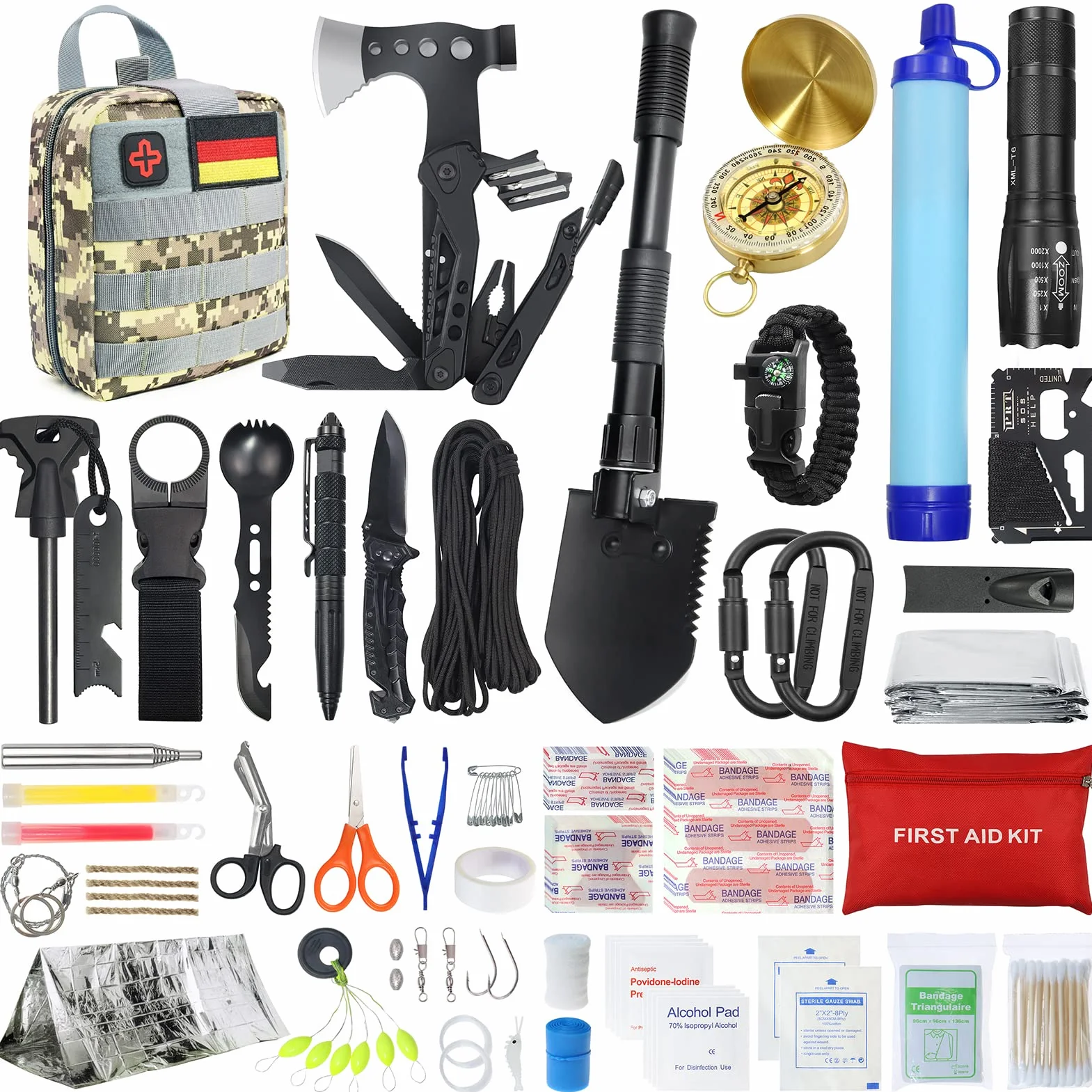 Zestaw przetrwania na świeżym powietrzu apteczką pierwszej pomocy, 180PCS sprzęt przetrwania z filtrem wody słomka wielofunkcyjna siekiera młotkowa, prezenty dla mężczyzn kemping/przygoda