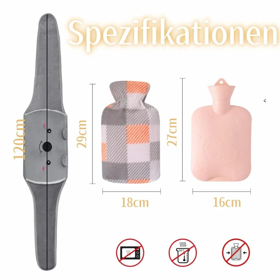 Pas do termoforu, 120 cm, bardzo długi termofor z gumy z miękkim pokrowcem w talii, 3 przenośne paski do termofor