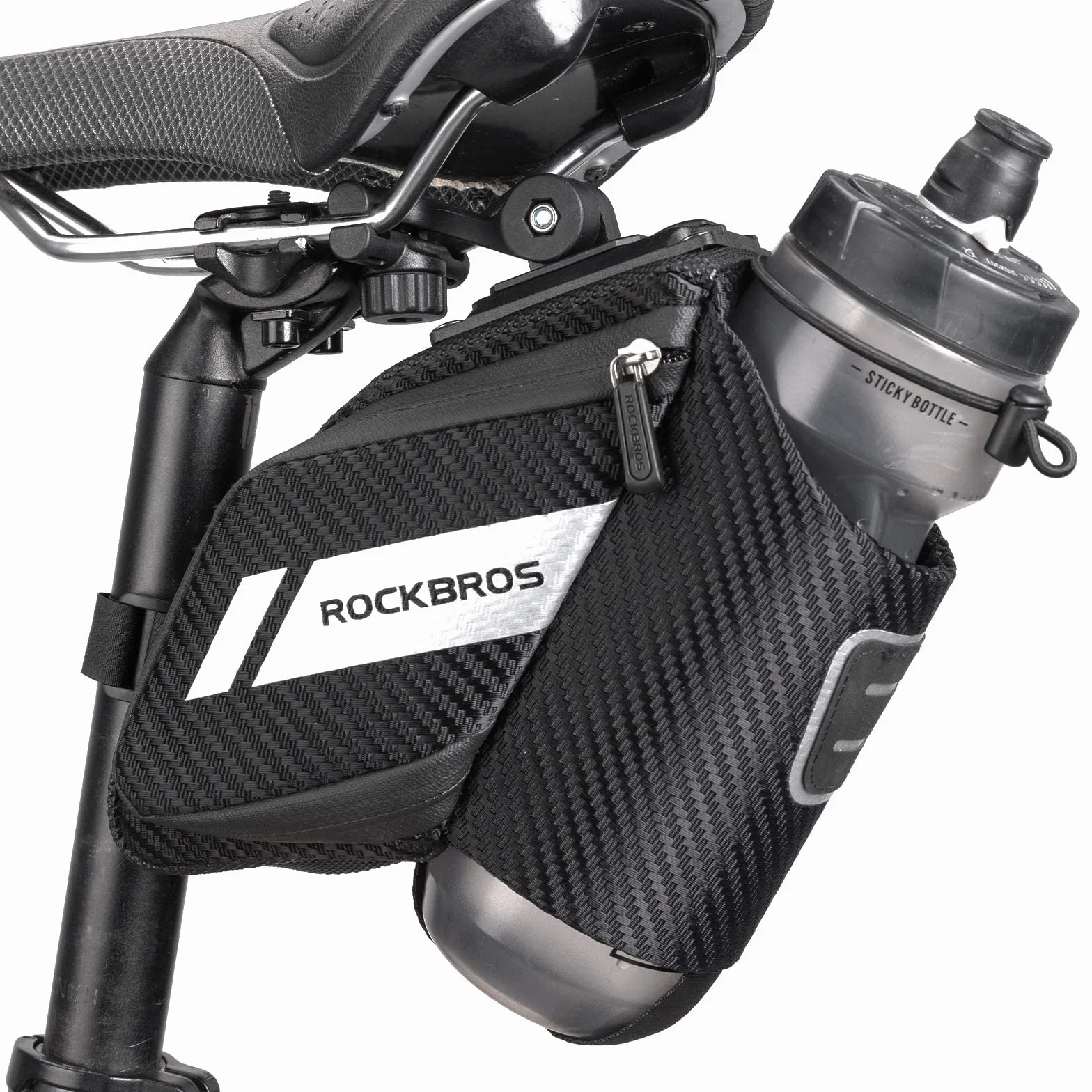 ROCKBROS Torba na Siodełko Rowerowe z Uchwytem na Butelkę, Odblaskowa Torba na Siodełko Rowerowe do Rowerów Górskich, Wyścigowych, Składanych, Czarna, ok. 1L