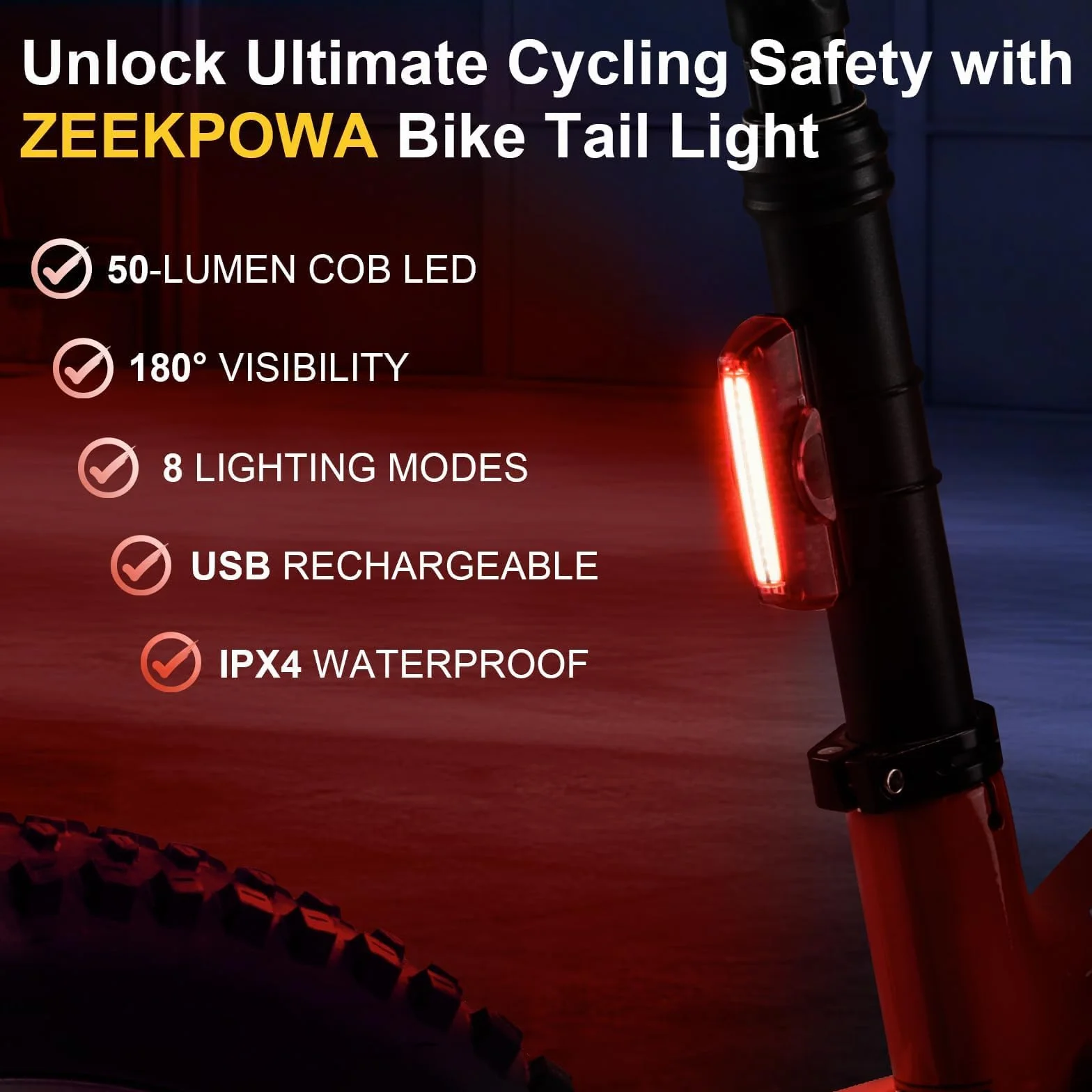 Tylne światło rowerowe z możliwością ładowania przez USB, super jasna lampa 50 lumenów, do roweru LED, łatwe przypięcie, aby podawać czerwone oświetlenie tylne dla optymalnego bezpieczeństwa na