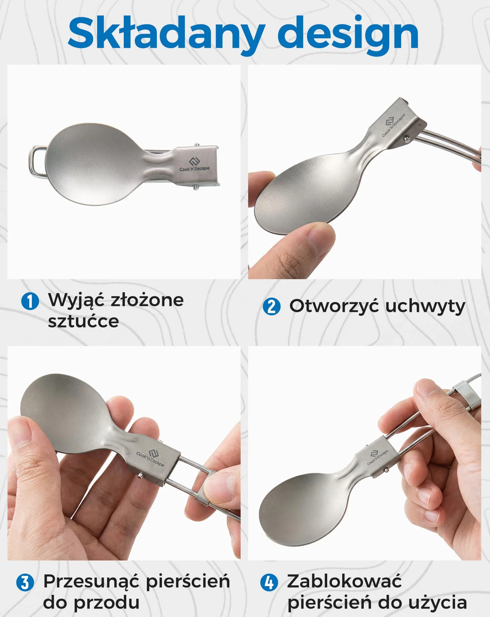 COOK'N'ESCAPE Tytanowe sztućce kempingowe, 3-częściowy zestaw sztućców – składane sztućce z nożem, widelcem, łyżką i torbą do przenoszenia, ultralekkie tytanowe sztućce podróżne do aktywności na