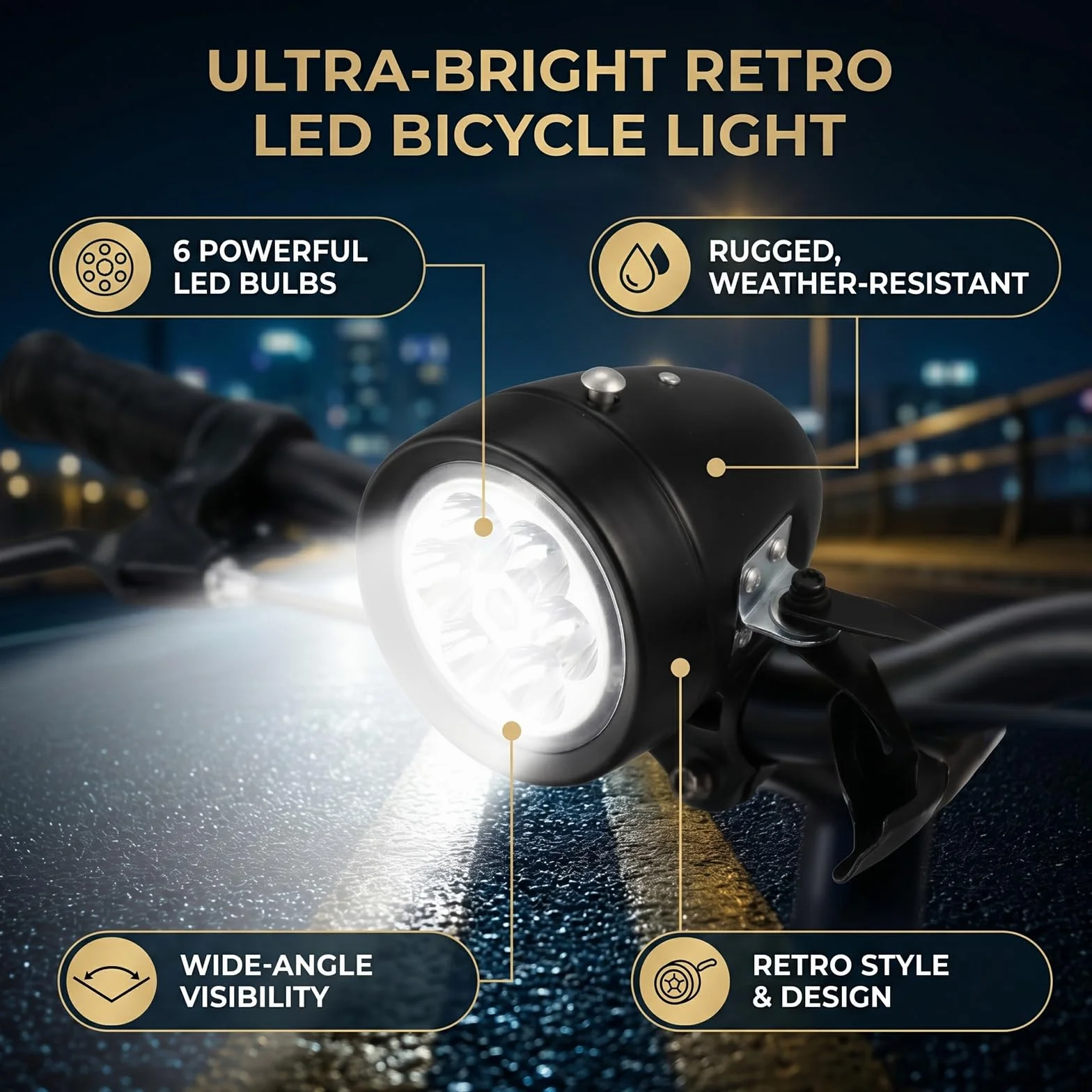 Przednia Lampka Rowerowa w Stylu Retro, Zabytkowy Reflektor Rowerowy z 6 żarówkami LED, Konstrukcja Odporna na Deszcz, Kąt Widoczności 160°, Tworzywo ABS, łatwy montaż, Idealny (Czarny)