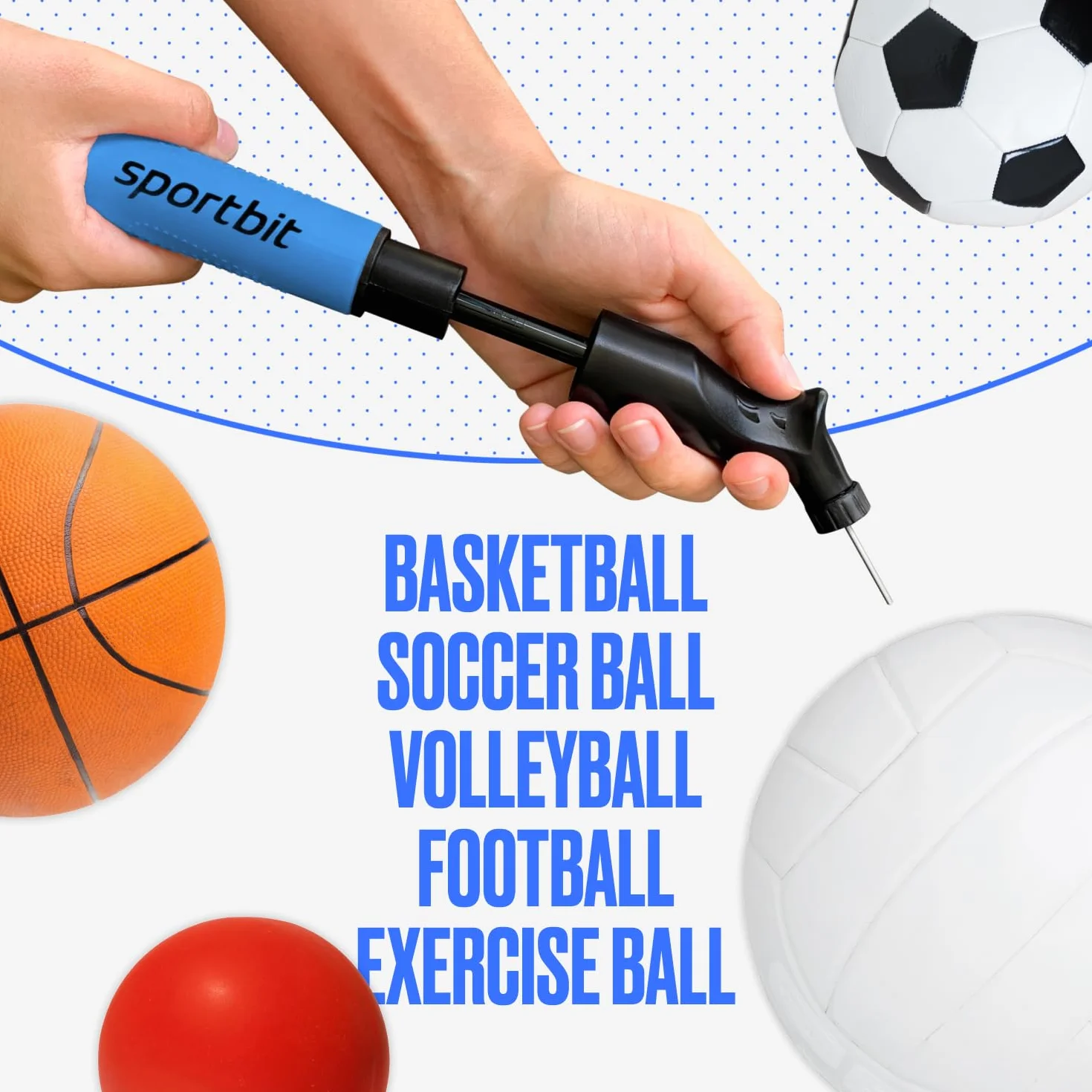 SPORTBIT Ball Pump with 5 Needles - Push & Pull Inflating System - Great for All Sports Balls - Football Ball Air Pump, Volleyball Pump, Basketball Inflator - Goes with Needles Set