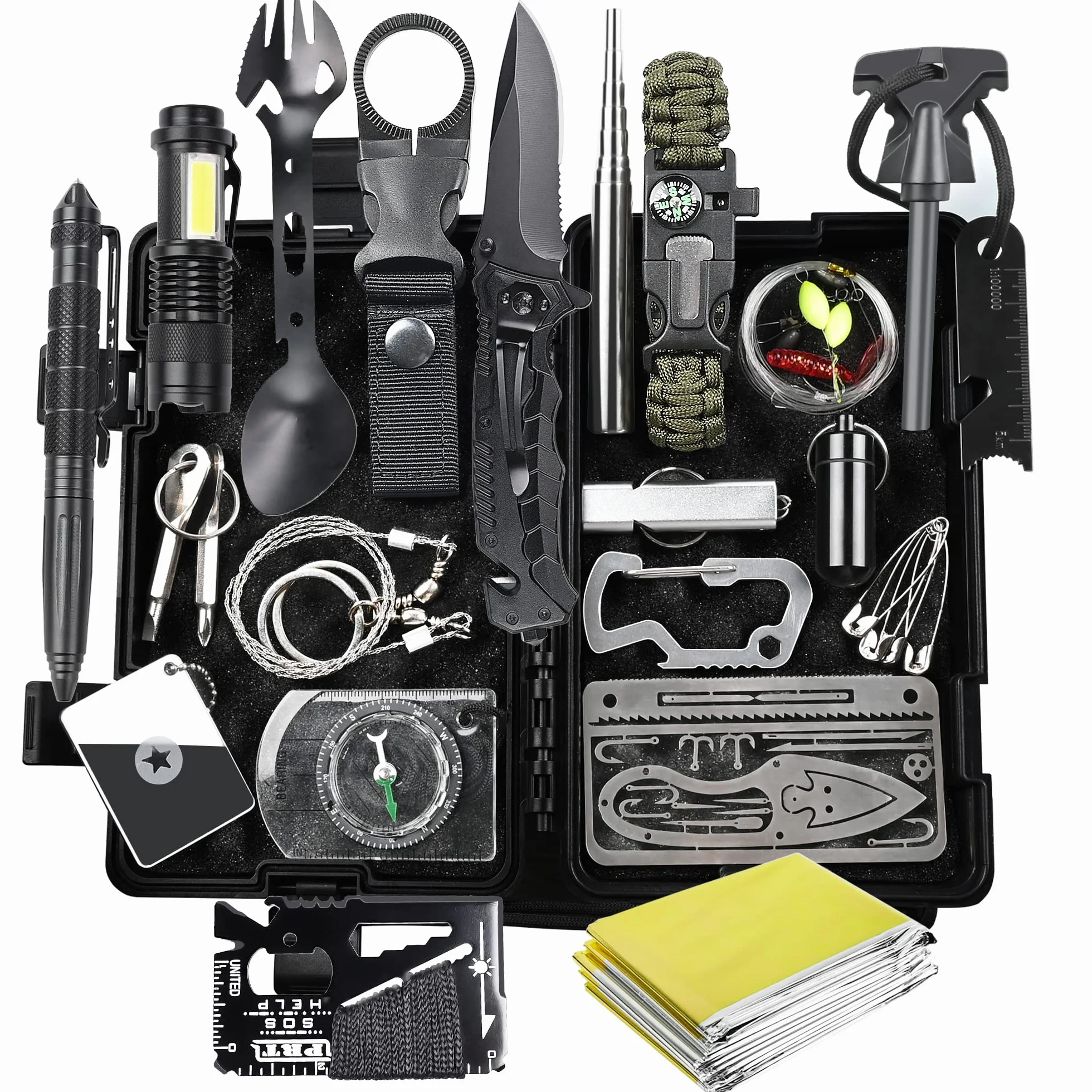 FINIBO Zestaw survivalowy 21 w 1, wyposażenie outdoorowe, zestaw awaryjny z kompasem, latarka taktyczna i inne akcesoria, na kemping, do bushcraftu, wędrówek, polowań, przygód, czarny, 20,6 x 12,8 x
