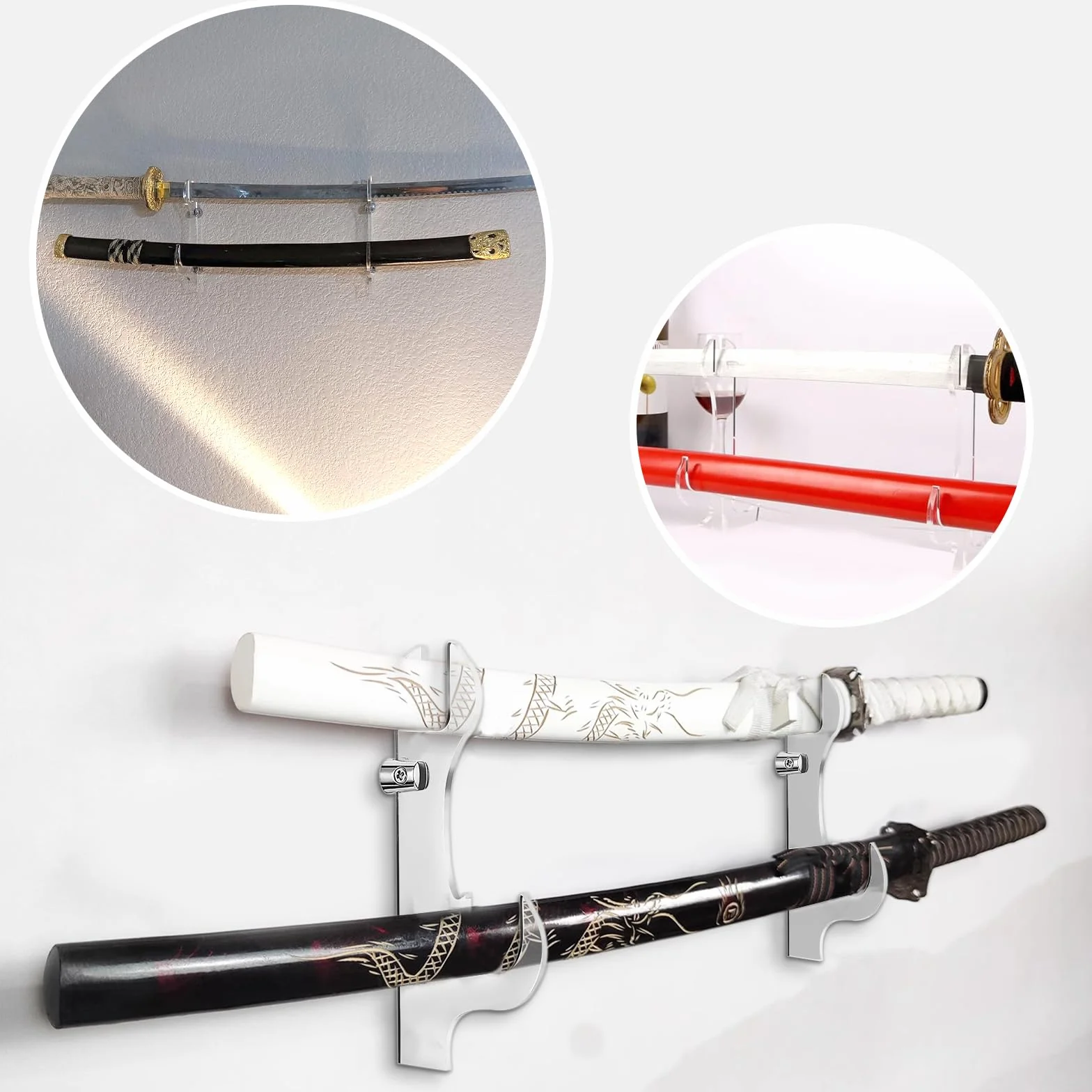 Katana Uchwyt ścienny na drzwi 2 poziomy Akrylowy ekspozytor miecza Samurai Wakizashi (przezroczysty)