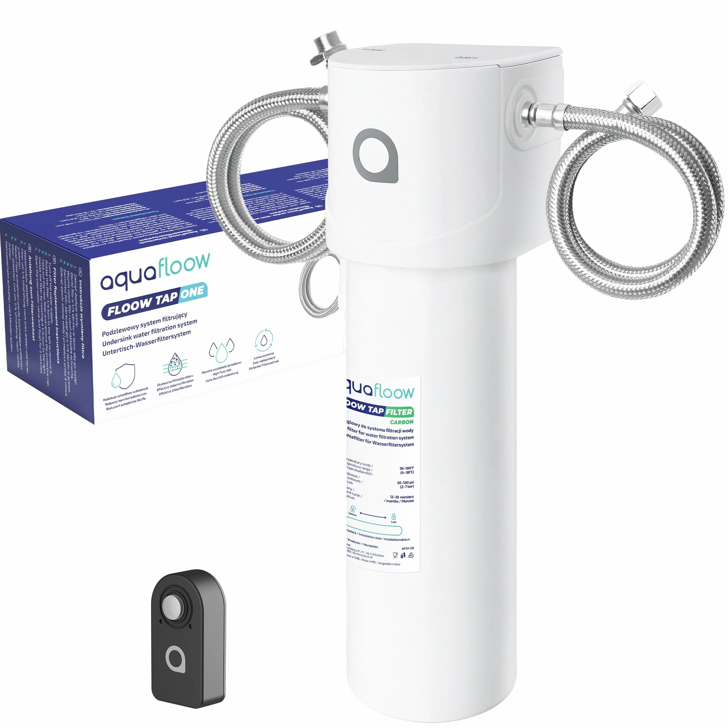 Aquafloow podzlewowy system filtracji wody z filtrem blokowym CARBON, redukcja chloru, poprawa smaku, timer, podłączenie bezpośrednie