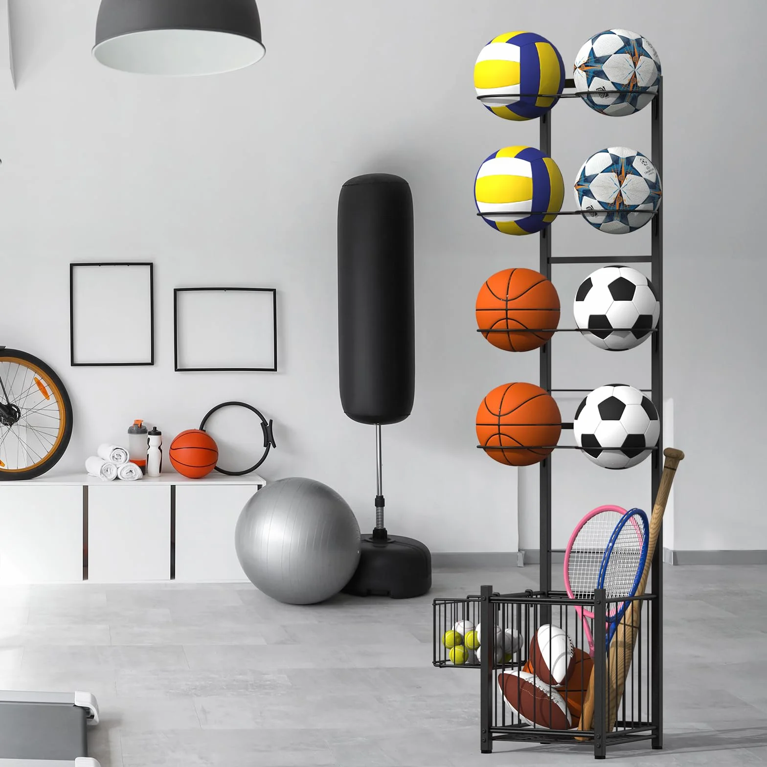 CADUKE Basketball Storage Rack for Garage, 8 Balls Holder for Sports Indoor Outdoor Black