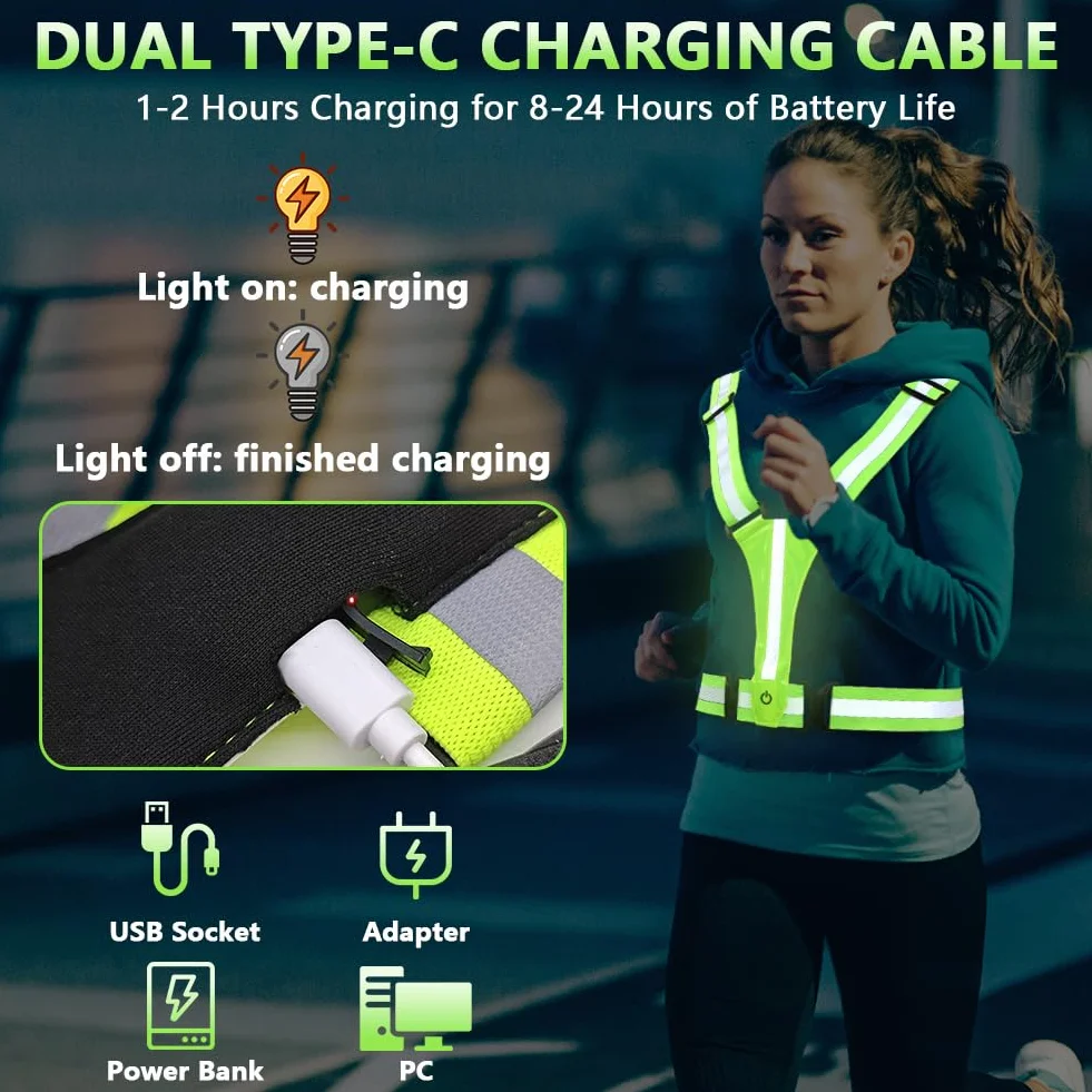 Ainiv LED bezpieczeństwa z akumulatorem USB, odblaskowy pas do biegania LED, kamizelka bezpieczeństwa + odblaskowe paski bezpieczeństwa, do joggingu, biegania, jazdy na rowerze