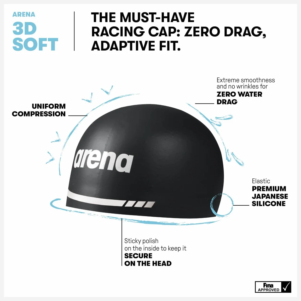 Arena 3D Soft USA Silikonowy czepek pływacki dla mężczyzn i kobiet, pływanie, trening, wyścigi, zawody, czepek kąpielowy, dla dorosłych