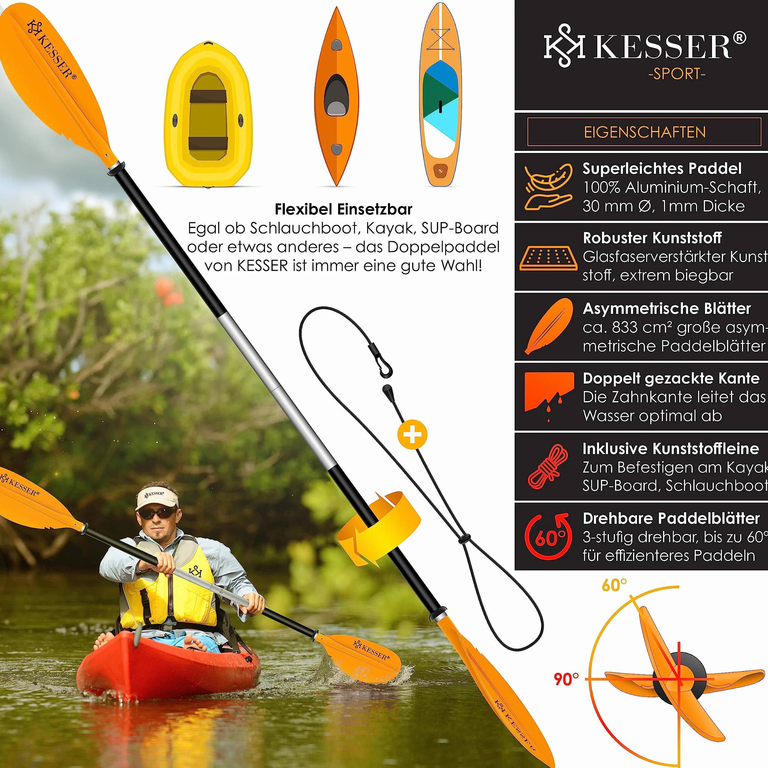 KESSER® Podwójne wiosło – 4-częściowe do kajaka, SUP, SUP, 228 cm, aluminium, super lekkie, do pontonów, kajaków, surfingu, łodzi
