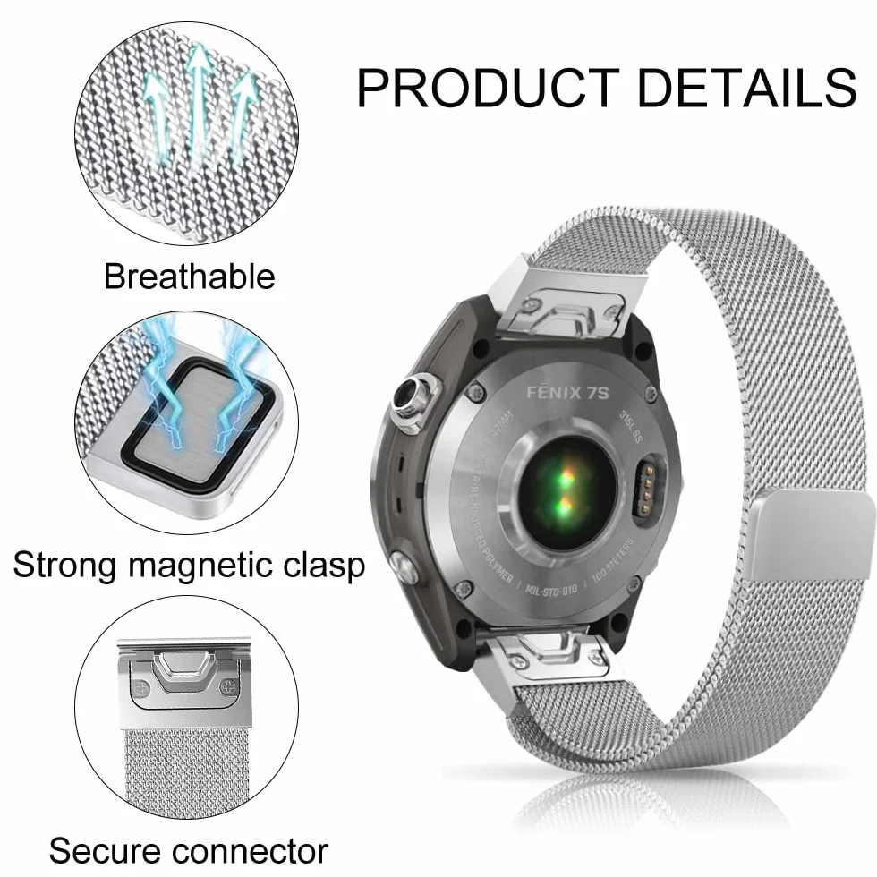 Pasek do zegarka Garmin Fenix 8 43 mm, Fenix 7S Pro Solar, Epix Pro 42 mm, stal nierdzewna, metalowy pasek siateczka
