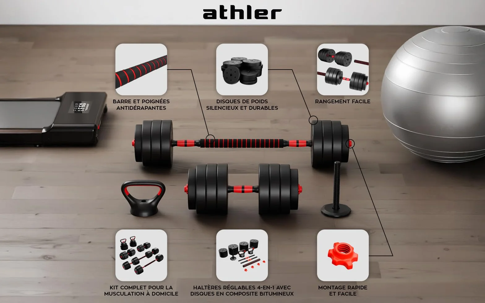 ATHLER Lion 45 | zestaw hantli 40 kg | zestaw hantli 4 w 1 | regulowana waga | 16 krążków do hantli 2 sztangi | krótkie hantle długie hantle kettlebell | do treningu siłowego, fitnessu, domu na