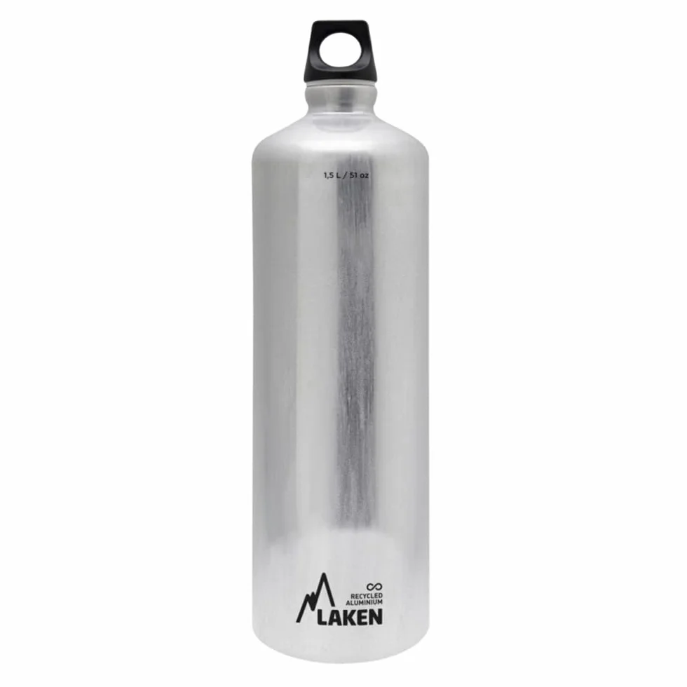 Laken Futura aluminiowa butelka na napoje, wąski otwór, zakrętka z pętelką, 1,5 l, 100% aluminium z recyklingu, srebrna