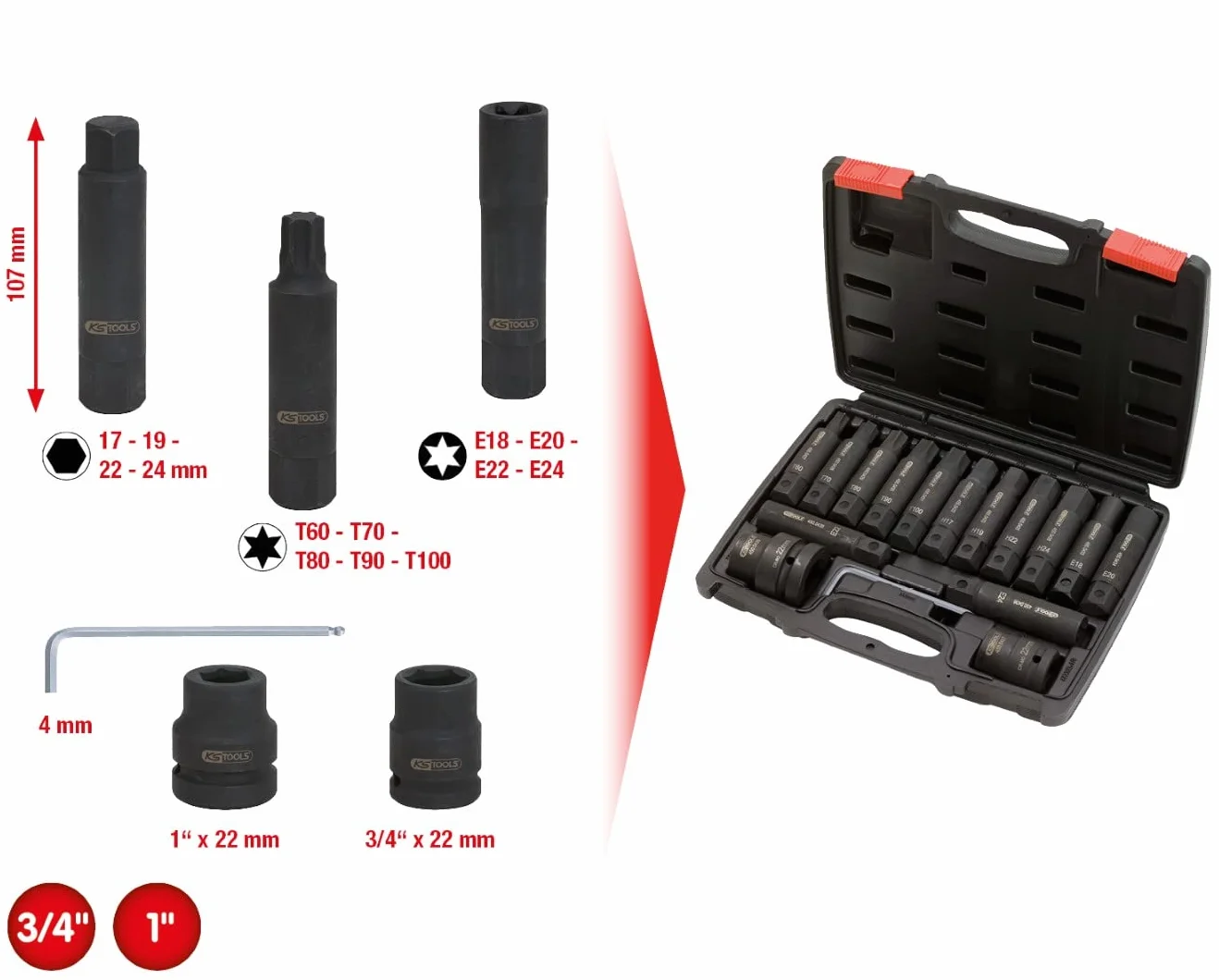 KS Tools 450.0420 3/4"+1" Zestaw udarowych wymiennych nasadek i nasadek z bitem, 16-szt