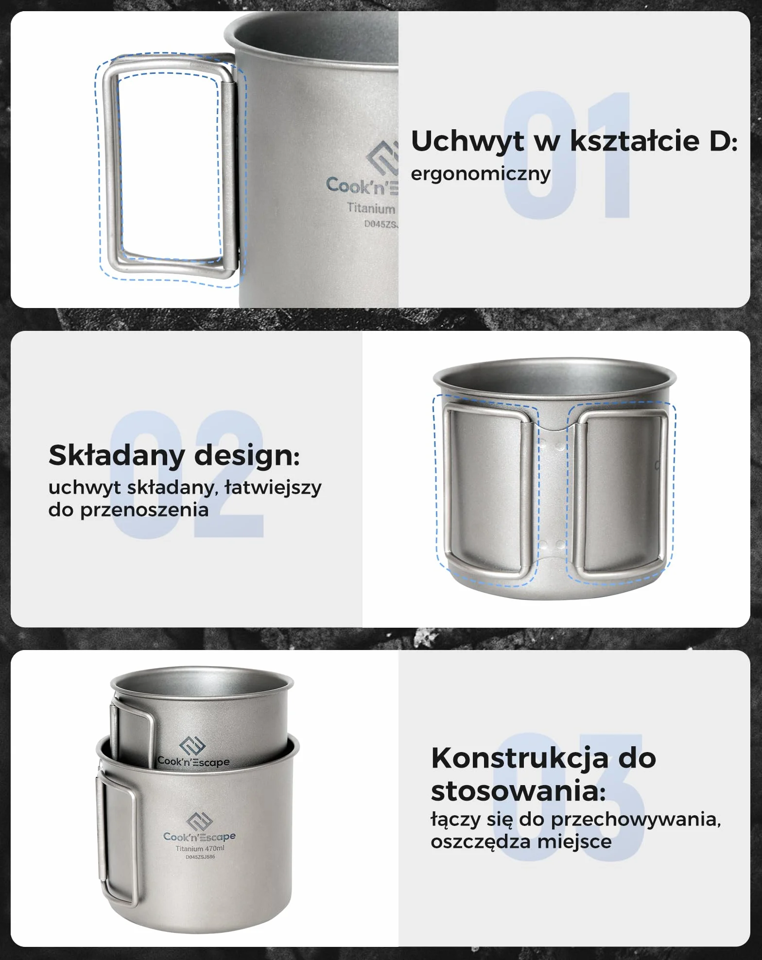 COOK'N'ESCAPE Tytanowe kubki kempingowe, zestaw 2 szt., 340 ml + 470 ml, lekkie i przenośne, odporne na ciepło, ze składanym uchwytem, idealne na kemping, wędrówki, podgrzewanie wody i parzenia kawy