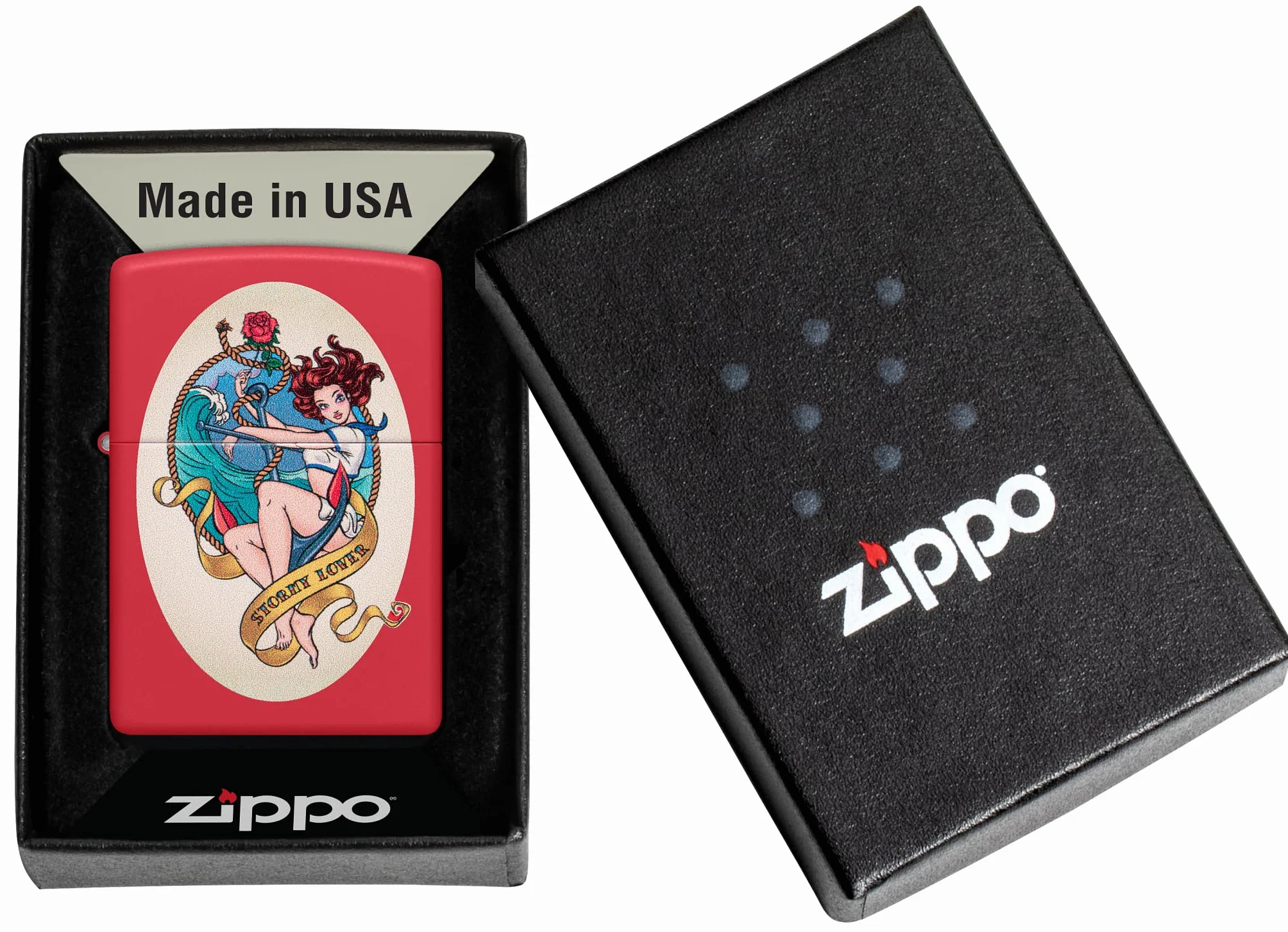 Zippo Stormy Lover, Zapalniczka Sztormowa, Kolorowy Nadruk, do Napełniania, Wielokrotnego Użytku, Wiatroodporna Konstrukcja, Pudełko na Prezent, Wykonano w USA, Kolor Czerwony Matowy (Red Matte)