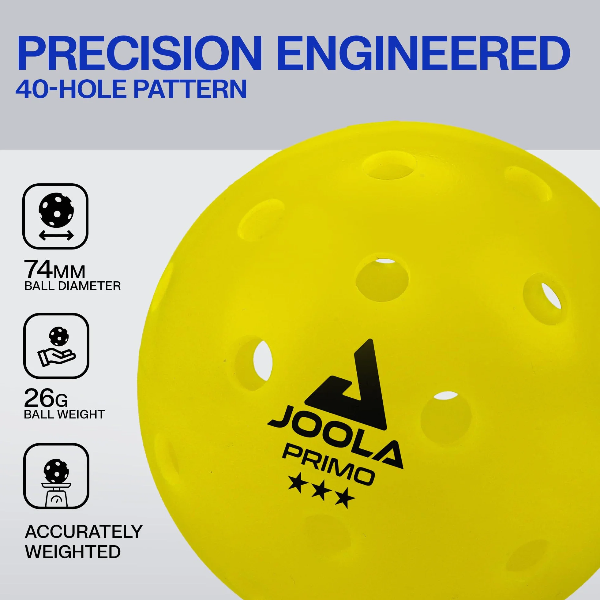 JOOLA Piłka Pickleball Primo 3 gwiazdki, 26 g, średnica 74 mm, certyfikat USAPA