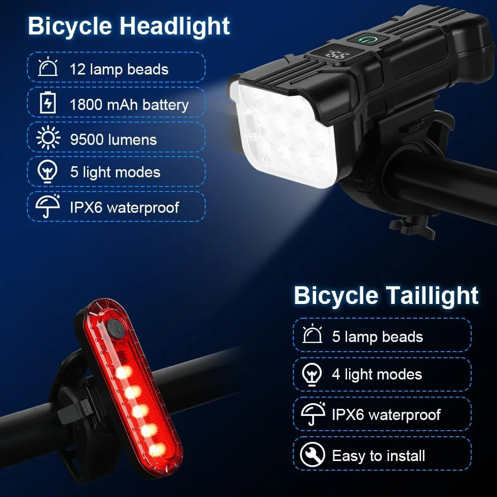 URAQT 12LED Światła rowerowe przednie i tylne, z akumulatorem, wodoodporne, IP65, 1800 mAh, 9500 l, światło rowerowe, 6+5 trybów, światło przednie z brzęczykiem, do jazdy na rowerze górskim i szosowym
