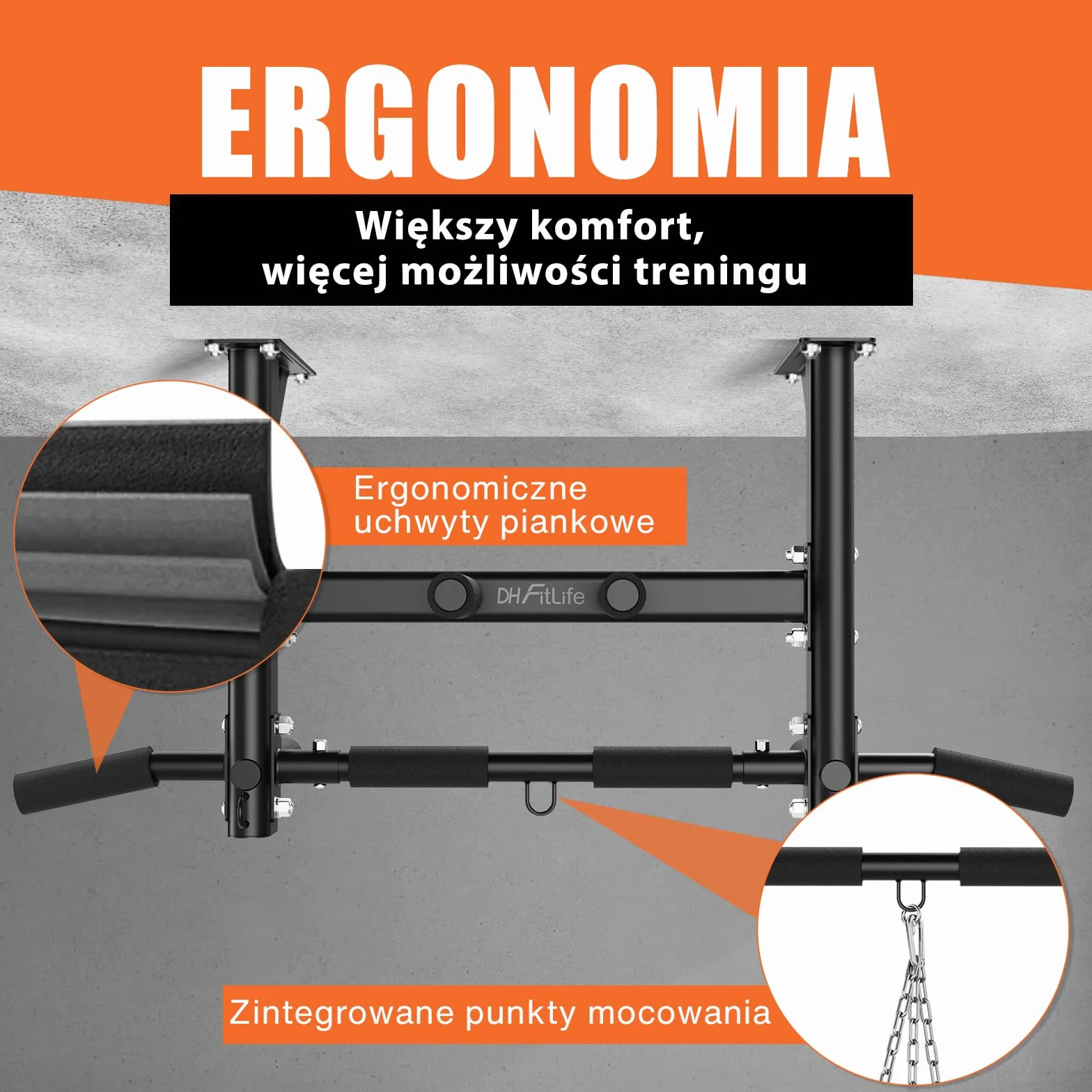 DH FitLife Drążek Sufitowy do Podciągania 4 w 1 do 300 kg | 8 Antypoślizgowych Uchwytów | 3 Punkty Mocowania | Stabilny i Bezpieczny