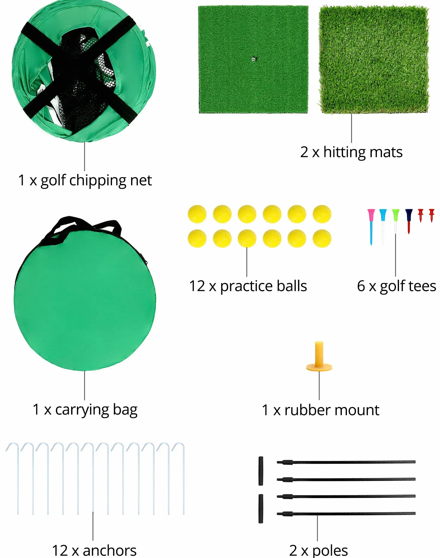 Siatka do ćwiczeń golfowych z 2 matami i 12 piłkami treningowymi