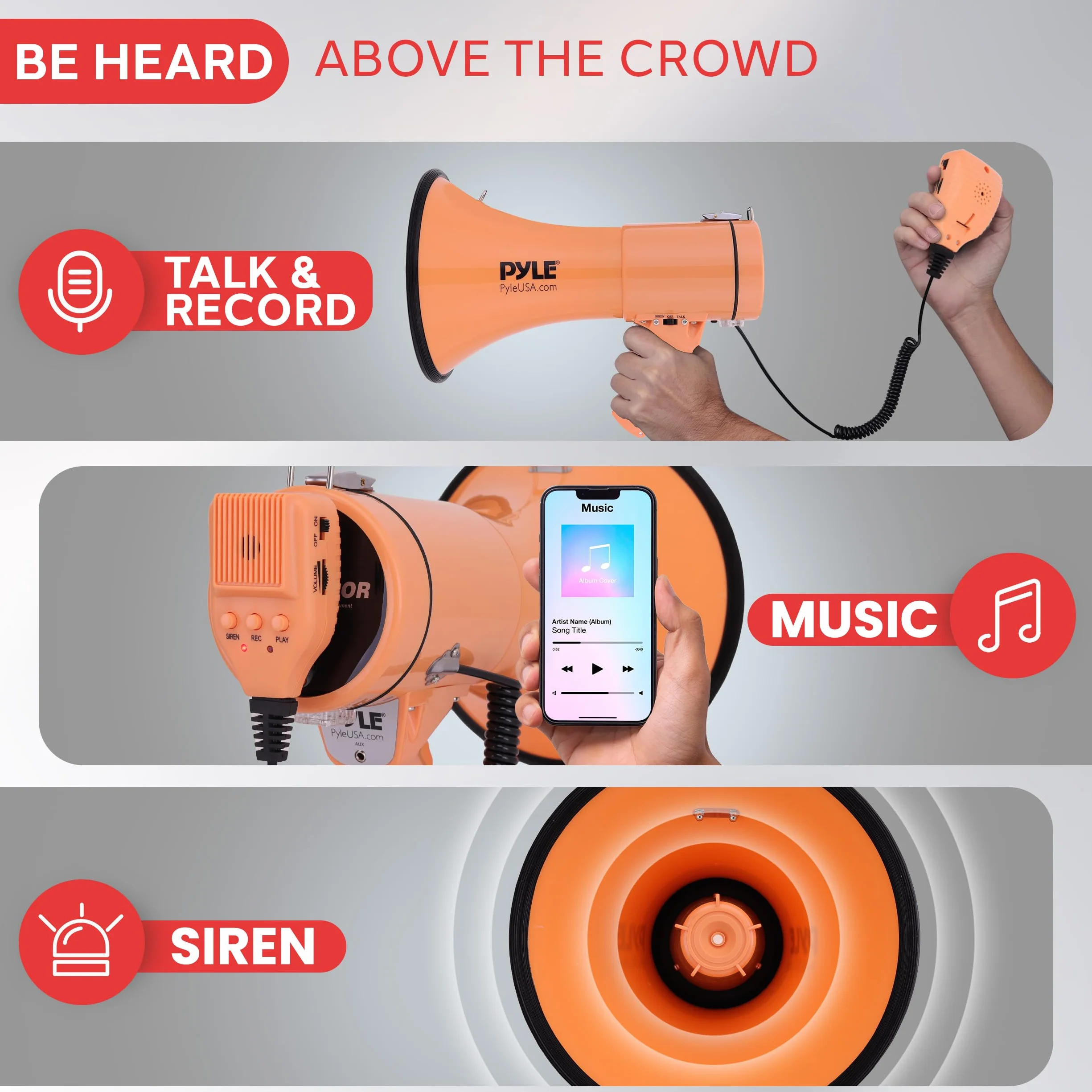 Pyle 50W Megaphone Bullhorn Portable with Siren, Adjustable Volume, 1200 Sq Yd Range, Aux Input, Orange