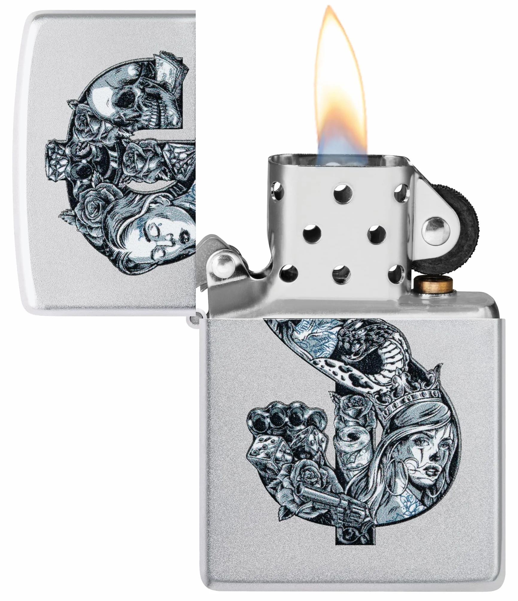 Zippo Tattoo Dollar Zapalniczka Sztormowa, Kolorowy Nadruk, do Napełniania, Wielokrotnego Użytku, Wiatroodporna Konstrukcja, Pudełko na Prezent, Wykonano w USA, Kolor Satynowy Chrom