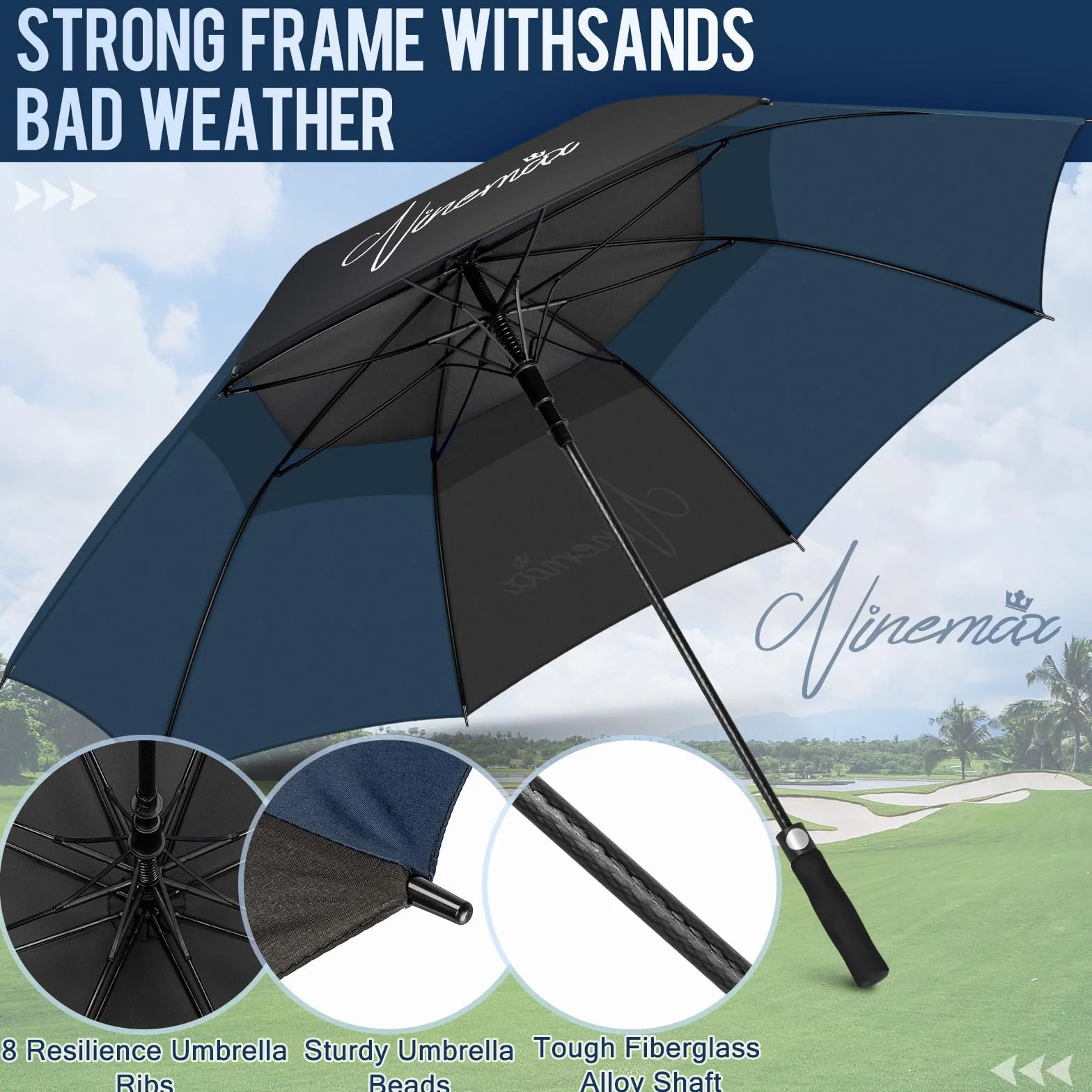 NINEMAX Parasol Golfowy 62 cali Wiatroszczelny Wodoszczelny Podwójny Baldachim Czarny Ciemnoniebieski