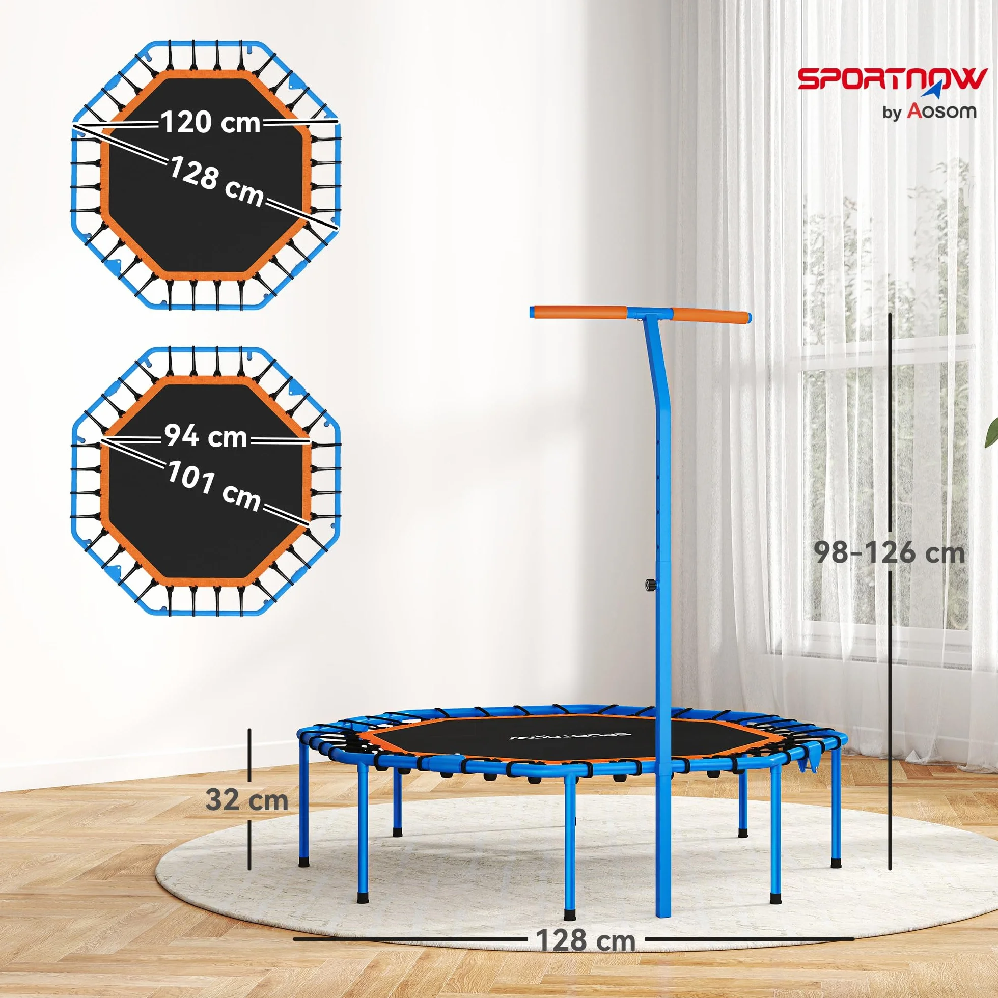 SPORTNOW Trampolina fitness, składana, Ø 128 cm, mini trampolina z 5-stopniową regulacją wysokości, cichą gumową linką, trampolina dla dorosłych, do użytku wewnątrz i na zewnątrz