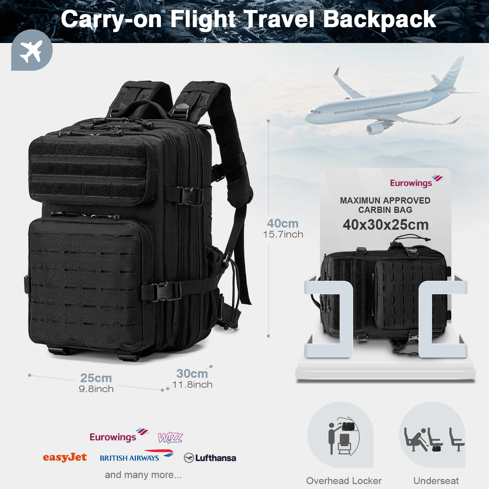 SPAHER 30L Wojskowy Plecak Taktyczny Eurowings 40x30x25 Bagaż Podręczny Molle Wodoodporny