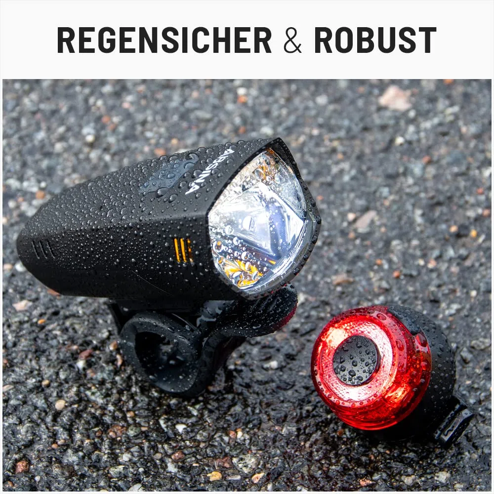 ABSINA Zestaw świateł rowerowych LED z akumulatorem – dopuszczone do ruchu drogowego o jasności 180 lumenów, zasięg 200 m, odporne na deszcz i ładowanie przez USB – oświetlenie rowerowe przednie i