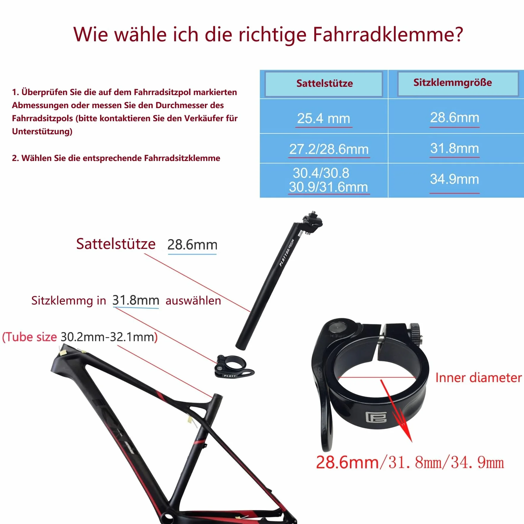 PLATT Zacisk siodełkowy do roweru z szybkomocującym zaciskiem ze stopu aluminium 31,8/34,9 mm (czarny, 34,9 mm)