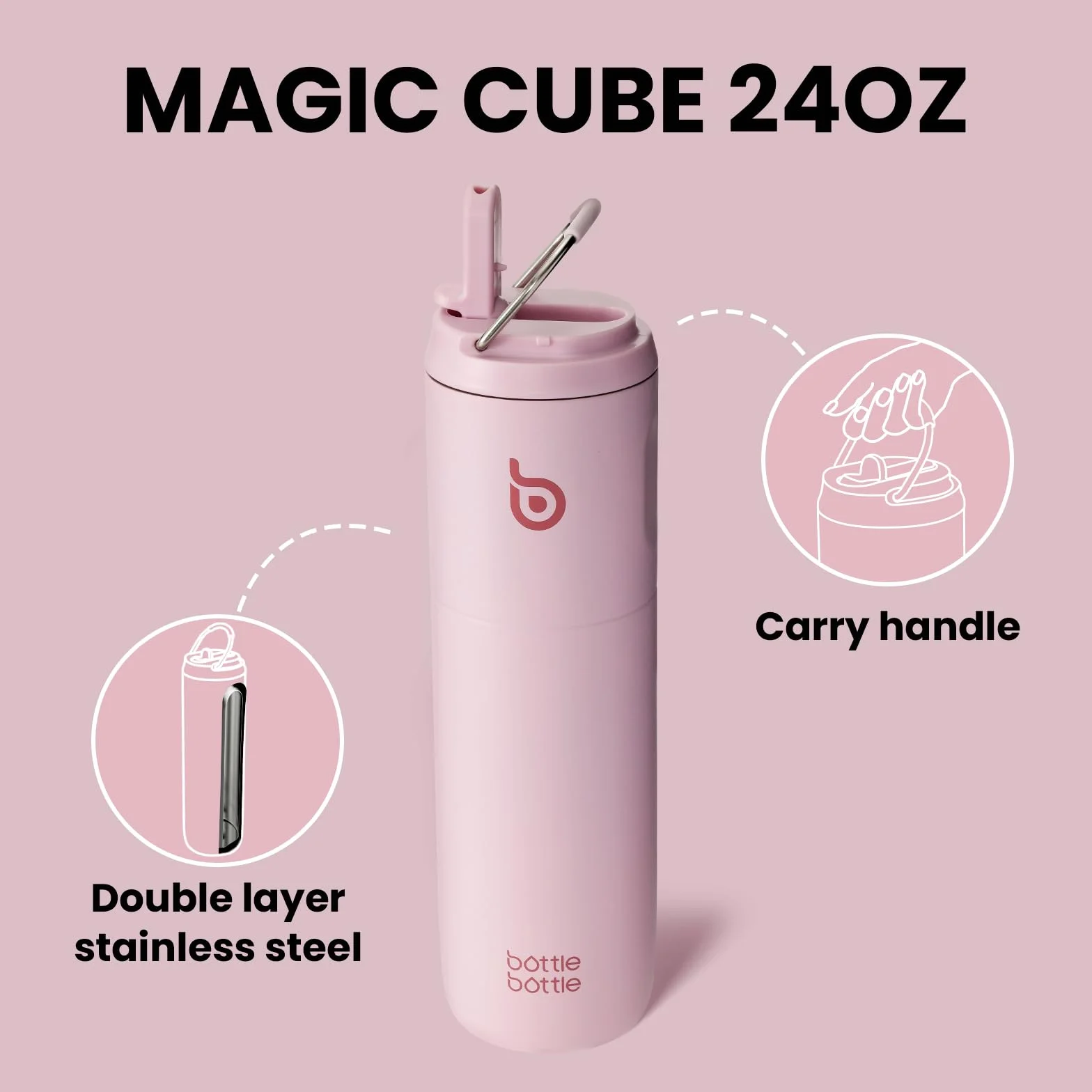 BOTTLE BOTTLE Butelka termiczna 750 ml ze stali nierdzewnej ze słomką i zakrętką – szczelna, bez BPA – do szkoły, podróży, fitness (pastelowy różowy)