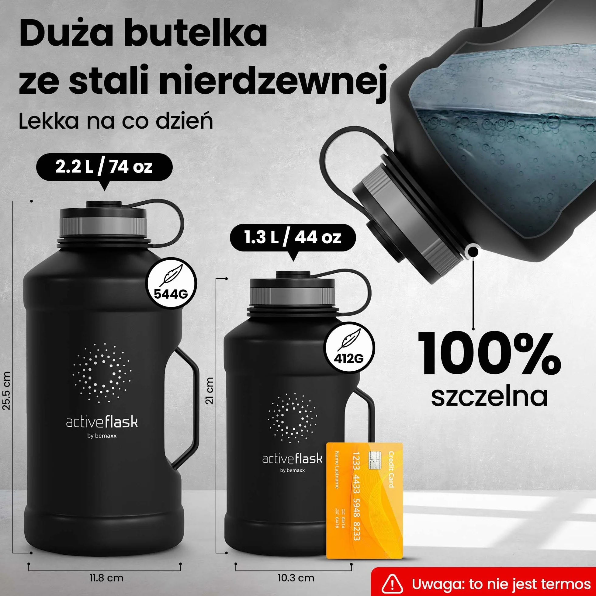 Butelka do picia ze stali nierdzewnej ACTIVE FLASK + Słomka (3 pokrywy) | Duża 1,3/2,2 Litrowa Sportowa bez BPA Nieprzeciekająca, 2l XL Sport Fitness Siłownia trening szczelna