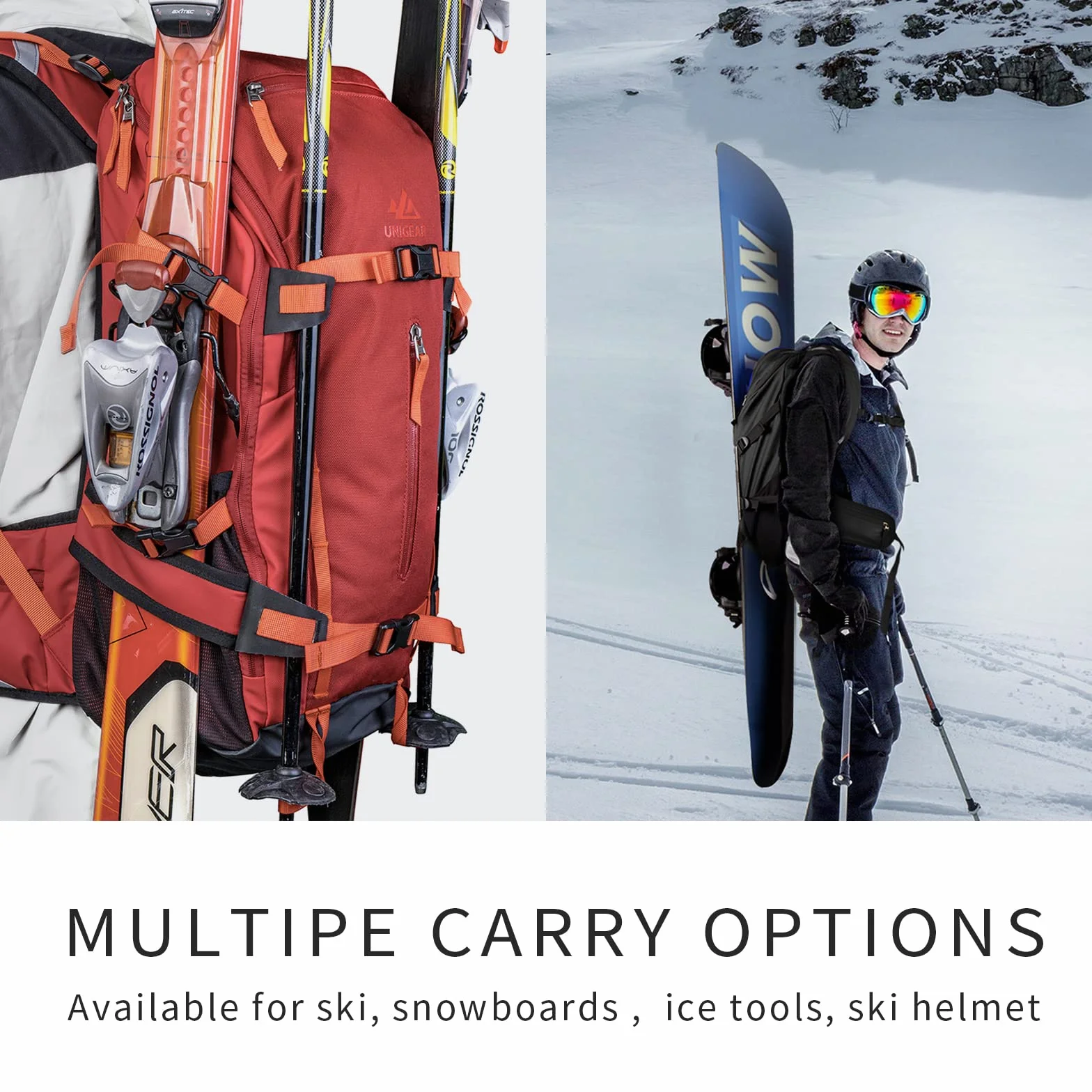 Unigear Plecak narciarski, 30 l, snowboardowy plecak podróżny 900D, wodoodporny plecak na snowboard, gogle, rękawiczki, narty, kemping i akcesoria turystyczne
