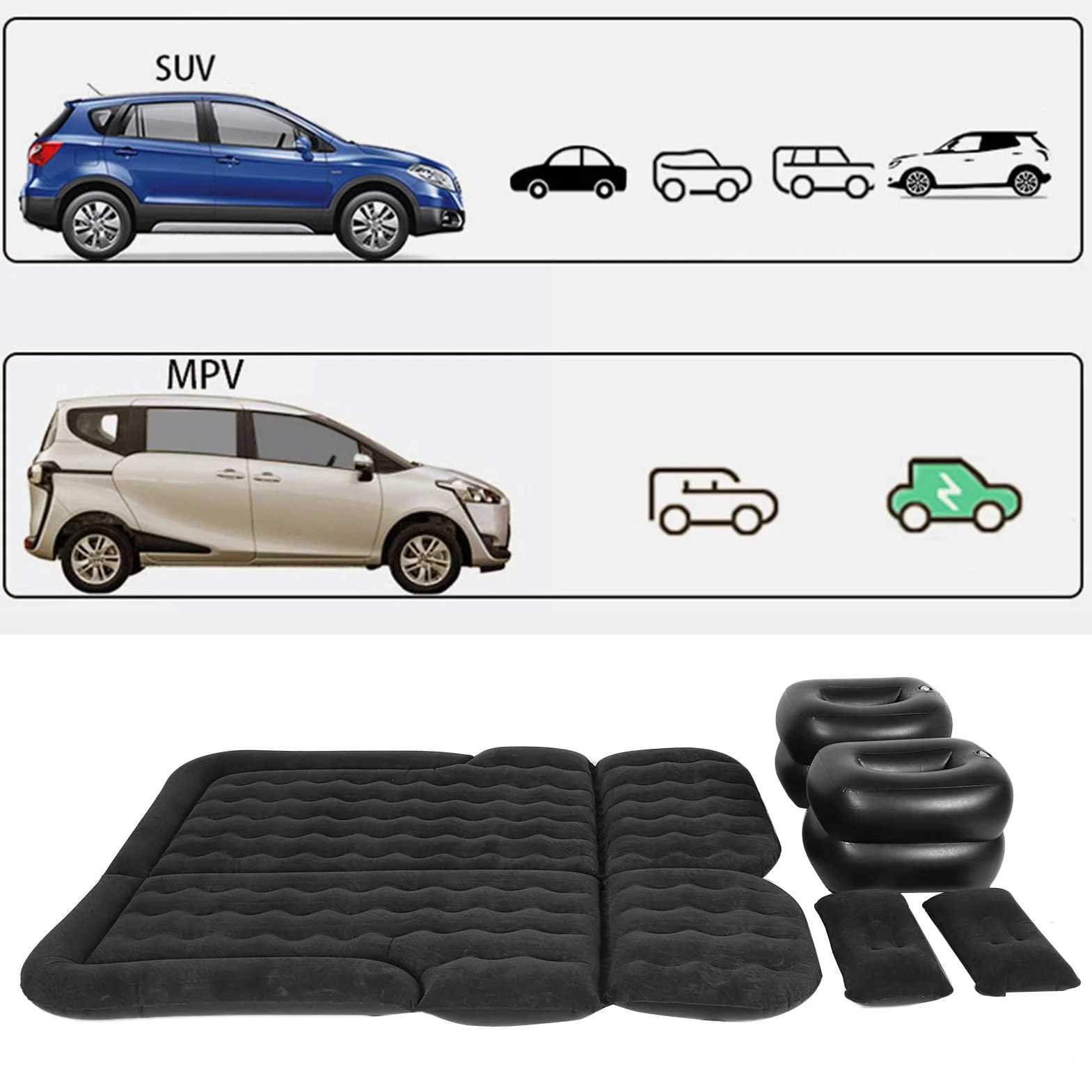 Materac Samochodowy SUV, Nadmuchiwany Materac Przenośne Ruchome Grubsze łóżko Powietrzne z Pompą Powietrza i Dwiema Poduszkami do Podróży Camping Zajęcia na świeżym Powietrzu 174 X 126 Cm(czarny)