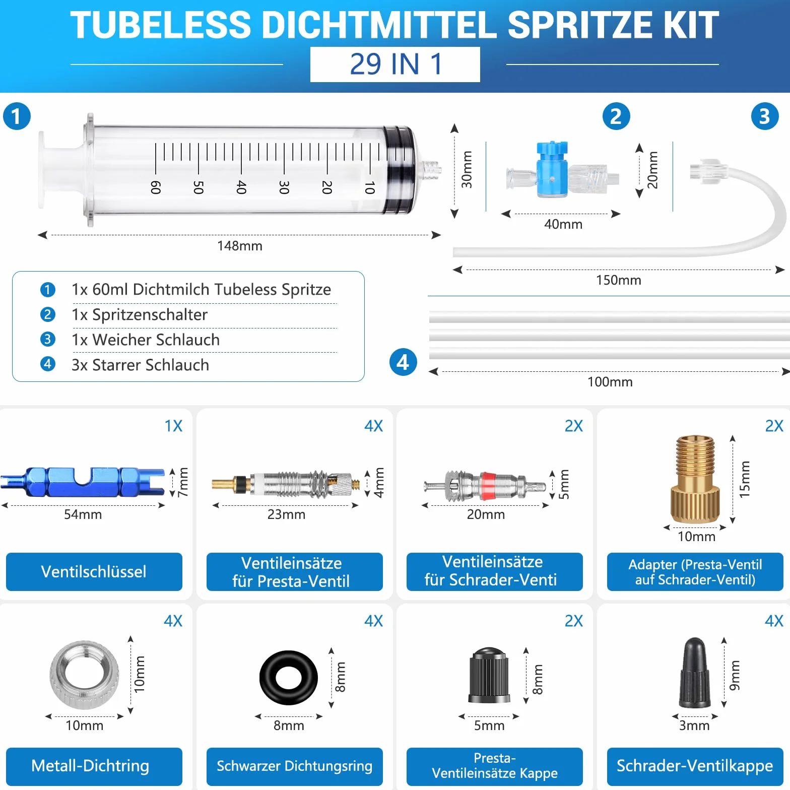 Tubeless strzykawka, środek uszczelniający, strzykawka do roweru, Sealant Injector, zestaw do usuwania rdzenia zaworu, adapter 60 ml, środek uszczelniający do opon, strzykawka do stanów i