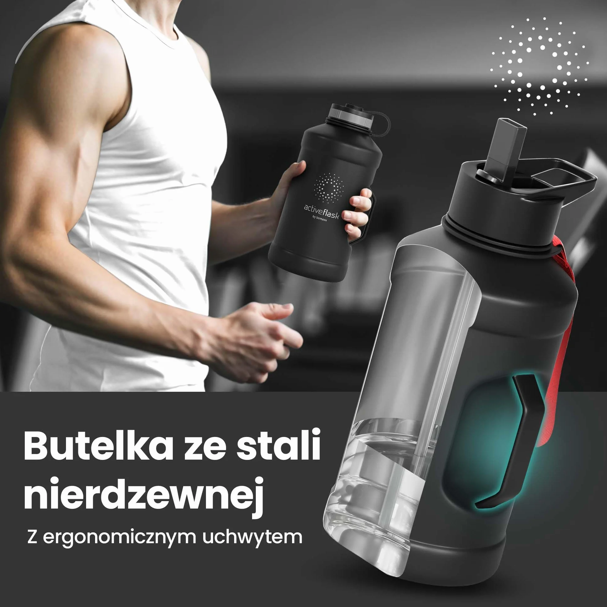 Butelka do picia ze stali nierdzewnej ACTIVE FLASK + Słomka (3 pokrywy) | Duża 1,3/2,2 Litrowa Sportowa bez BPA Nieprzeciekająca, 2l XL Sport Fitness Siłownia trening szczelna