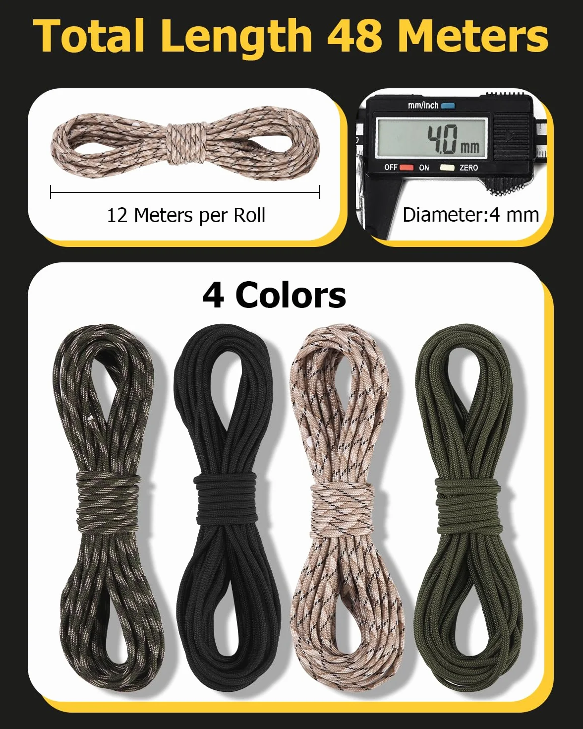 48 m Paracord 4 mm, odporna na rozerwanie, 100% nylonowa, 9 rdzeni, linka Paracord, 4 sztuki x 12 m, zestaw Paracord, wytrzymuje do 280 kg, odporna na warunki atmosferyczne, do survivalu, na