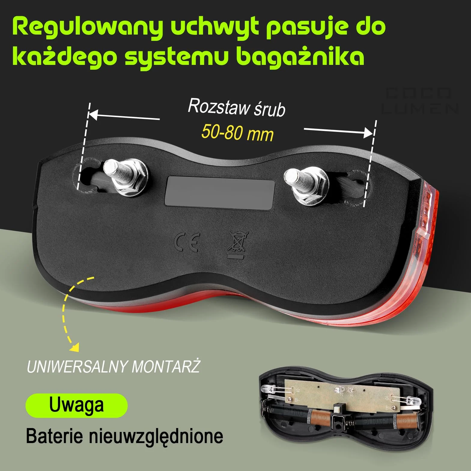 Tylne światło rowerowe LED z reflektorem, dopuszczenie do ruchu drogowego, zasilanie bez baterii